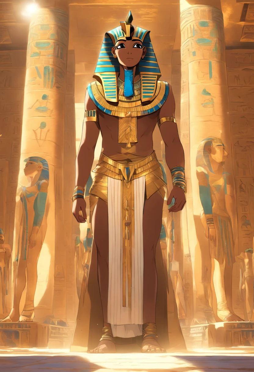 (((Egyptian adornment))) best quality, very high resolution, 4K detailed CG, masterpiece, Egyptian mythology,Tatenen, Egyptian tomb, Ancient Egypt, standing pose, Egyptian, white clothes, Egyptian clothes, Egyptian temple, desert, Ancient Egypt, ((blue pharaoh)), egyptian palace, aesthetics, beautiful image, centered on screen, standing pose
