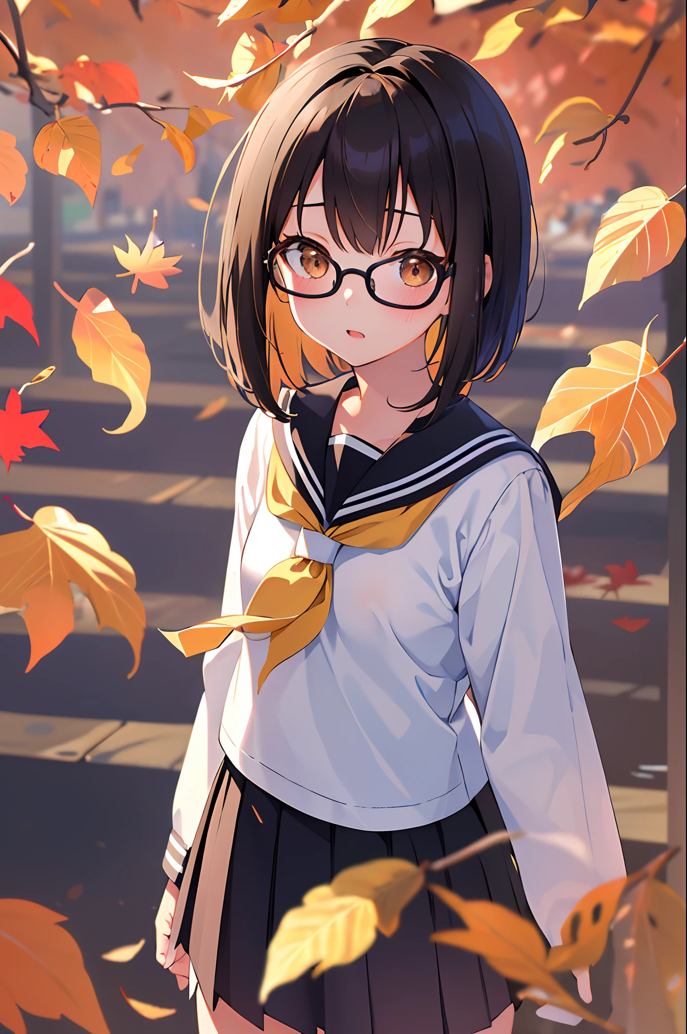 (masutepiece, Best Quality, Capture super cute moments, depth of fields, ultra-detailliert, Ultra High Resolution, C4D, Octadale, 3D Modeling, 8K, 16 K, one girls,a junior high school student, small tits,A dark-haired,short-hair,straight haired,Light brown eyes,Break the white headband,wearing black glasses,Cute face), Sailor suit to wear in autumn、Rows of autumn leaves