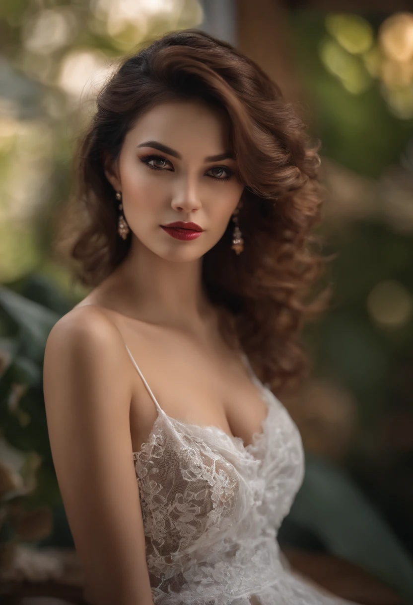 Girls VN02, Shot on a Nikon Z7 II mirrorless camera,120 mm F/4 Wide angle Best quality, Masterpiece, Ultra detailed, short red dress，Grey Stockings，High heels, rendering by octane, Beautiful detailed eyes, ultra detailed hair, Graceful,Charming, A plump chest, Lace,Sexy, Seductive , Messy hair, Unbuttoned shirt, Breasts
