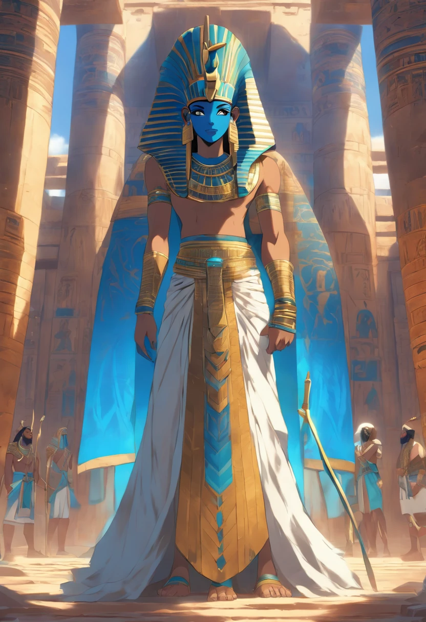 (((Egyptian man))) best quality, very high resolution, 4K detailed CG, masterpiece, Egyptian mythology, Shu, Egyptian man, feathers, sun in the background, Ancient Egypt, standing pose, blue clothes, Egyptian clothes ,Egyptian pyramid, desert, Ancient Egypt, ((standing pose)), Egyptian palace, aesthetics, beautiful image, centered on the screen, full body