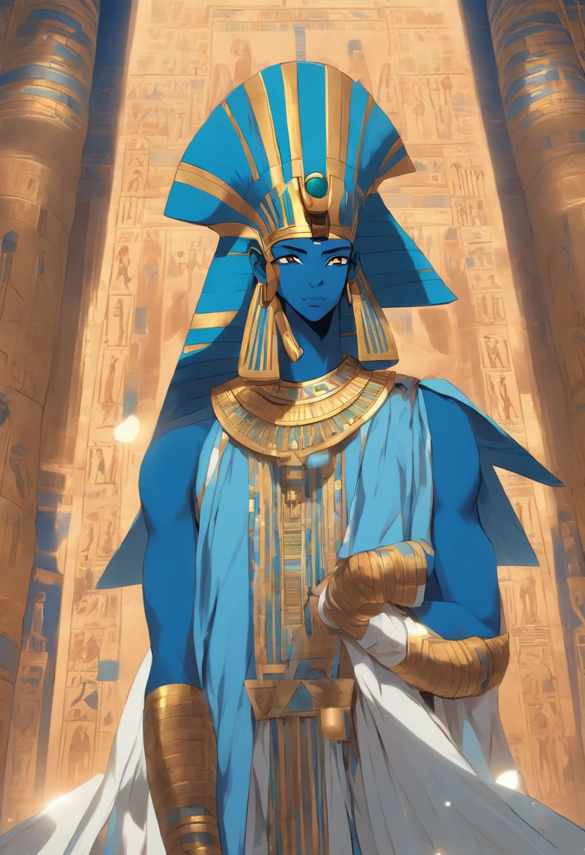 (((Blue adornment))) best quality, very high resolution, 4K detailed CG, masterpiece, Egyptian mythology,Tatenen, Egyptian tomb, Ancient Egypt, standing pose, Egyptian, white clothes, Egyptian clothes, Egyptian temple, desert, Ancient Egypt, ((blue pharaoh)), egyptian palace, aesthetics, beautiful image, centered on screen, standing pose