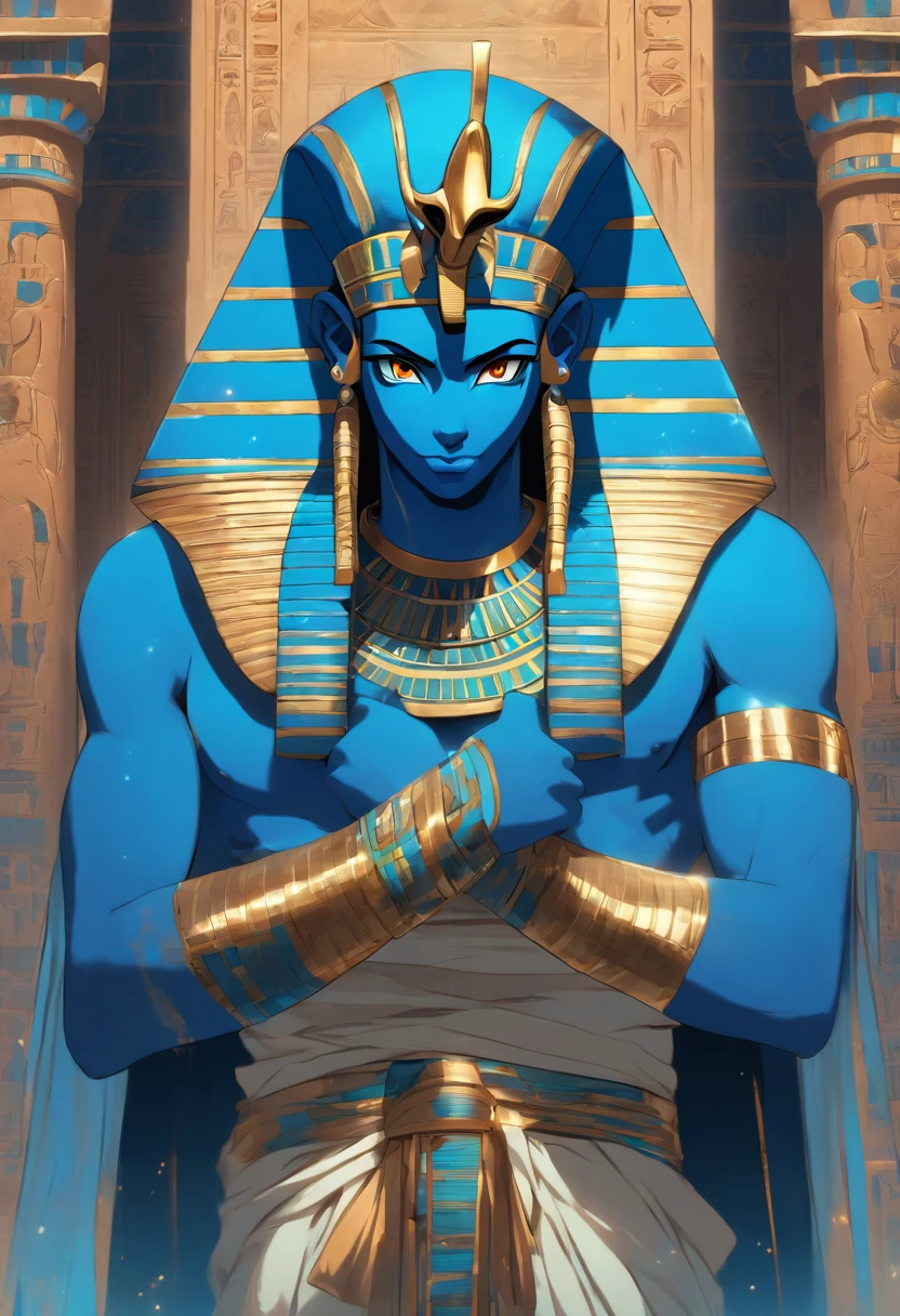 (((Blue adornment))) best quality, very high resolution, 4K detailed CG, masterpiece, Egyptian mythology,Tatenen, Egyptian tomb, Ancient Egypt, standing pose, Egyptian, white clothes, Egyptian clothes, Egyptian temple, desert, Ancient Egypt, ((blue pharaoh)), egyptian palace, aesthetics, beautiful image, centered on screen, standing pose