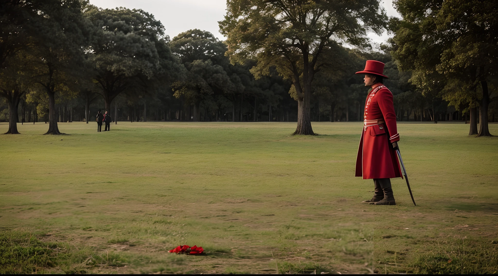There is a female soldier in red coat and hat walking on a battlefield, ainda de um filme live action, campo de batalha em segundo plano, standing on a battlefield, historicamente preciso, standing on the field of battle, filme ainda 8K, historical reenactment, Filmado do filme, 1 8 0 0 s soldado, 8 k filme ainda, filme ainda dnd, ainda de um filme; flowers on the ground. Roses on the ground. Violets on the ground; blood on the ground.
