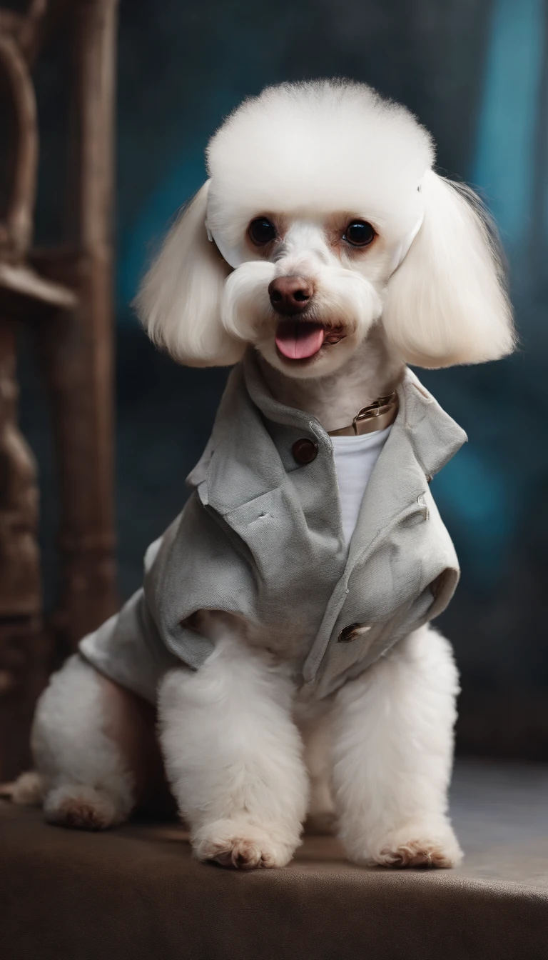Centrado perfecto, Cute white baby poodle, usar una chaqueta de estudiante, Use gafas de sol, Usar auriculares, standing up position, Belleza abstracta, centrado, Looking at the camera, in front of camera, casi perfecto, dynamic, Resplandor iluminado por la luna, Altamente detallado, Pintura digital, Art Station, Concepto-Arte, sedoso, foco nítido, 8k, high-definition resolution, 插圖, arte de Carne Griffiths y Wadim Kashin, fondo blanco,