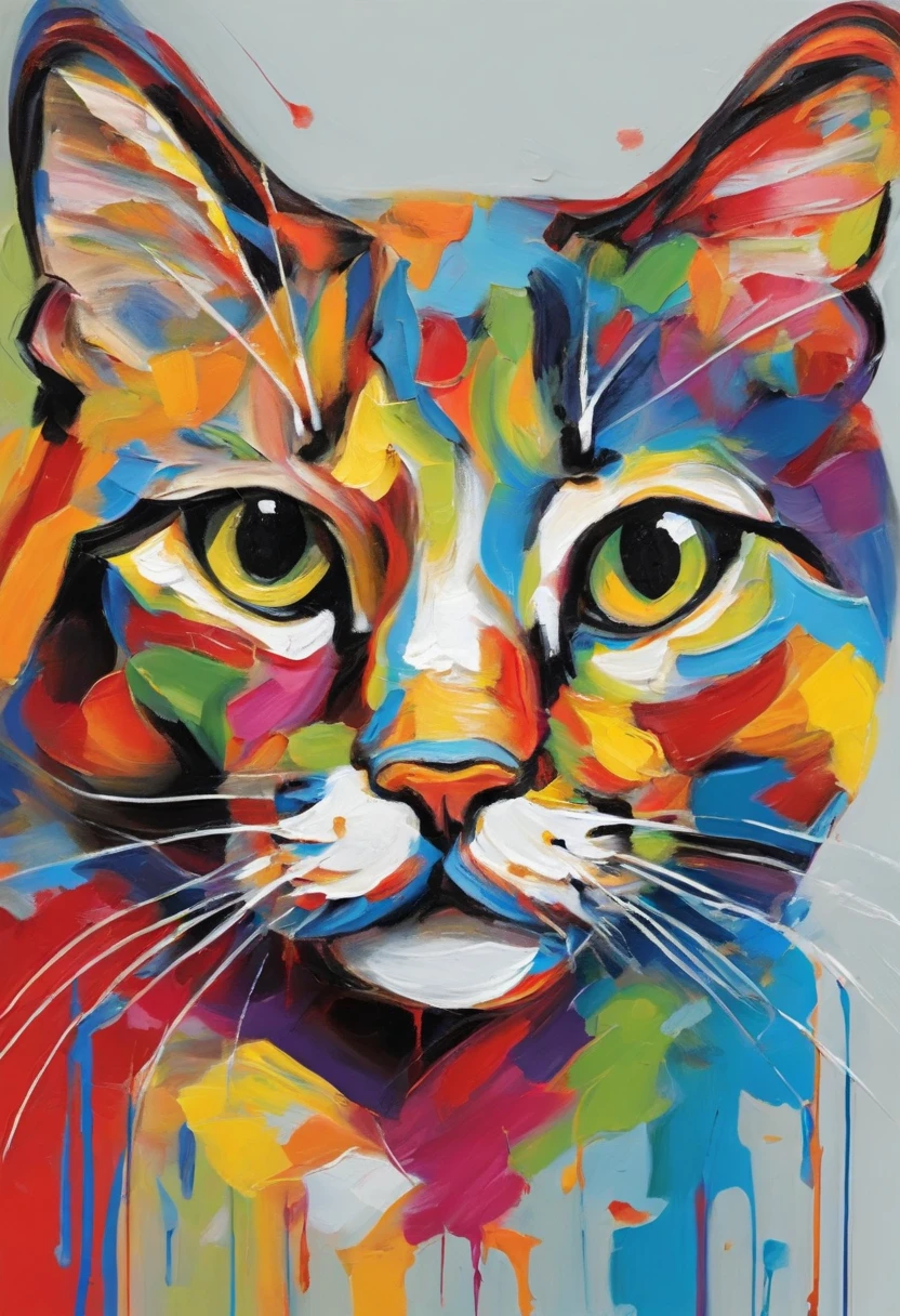 Cute cat face painting,,Thick oil art，On a colorful background, abstracted , Abstract portrait, Stylized face, pop art painting, Dripping paint，Expressive detail face, Expressive cat, inspired by Picasso, pop art painting, Beautiful expressive painting, in the Picasso style, cubism style