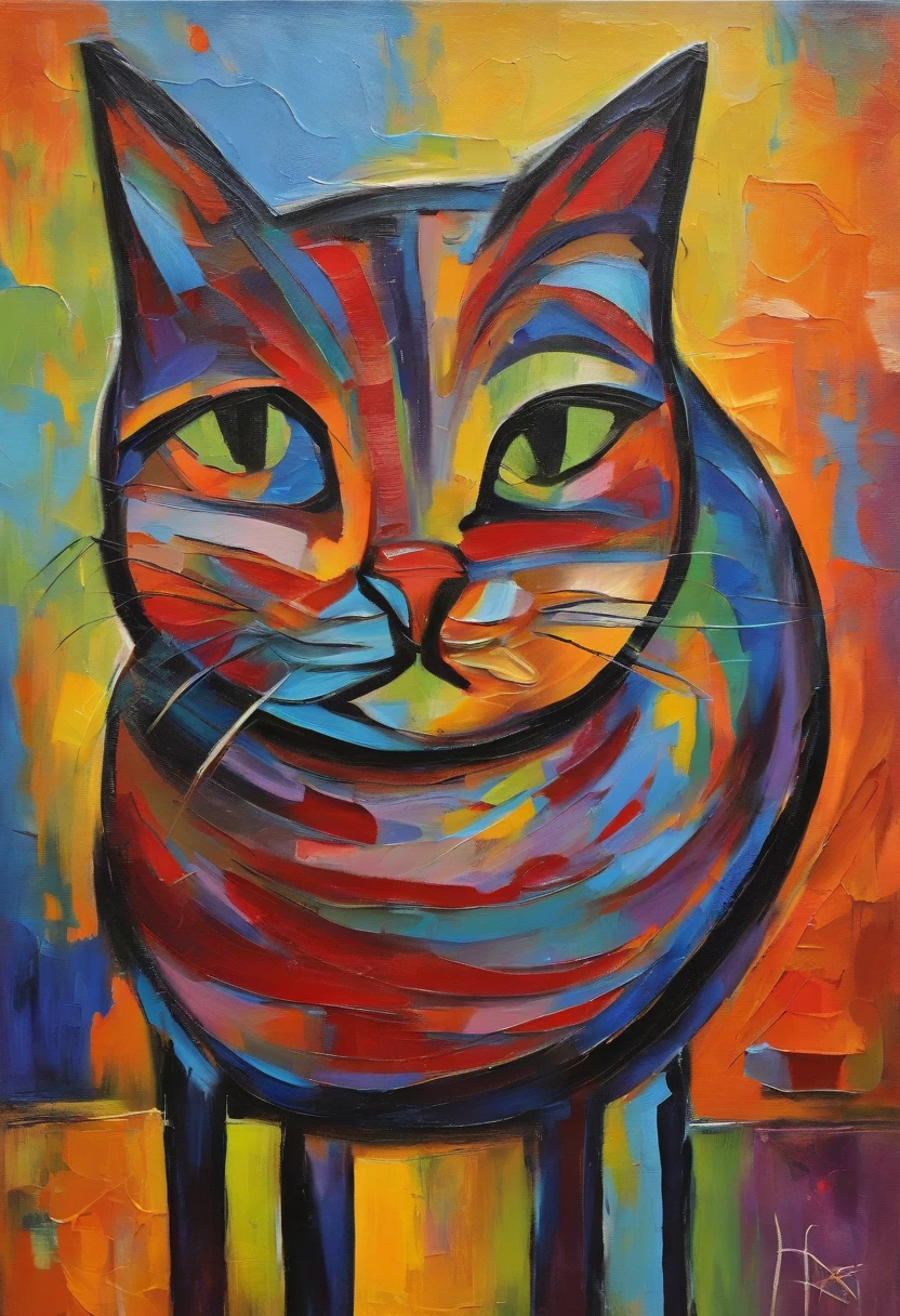 Cute cat face painting,,Thick oil art,On a colorful background, abstracted , Abstract portrait, Stylized face, pop art painting, Dripping paint,Expressive detail face, Expressive cat, inspired by Picasso, pop art painting, Beautiful expressive painting, in the Picasso style, cubism style