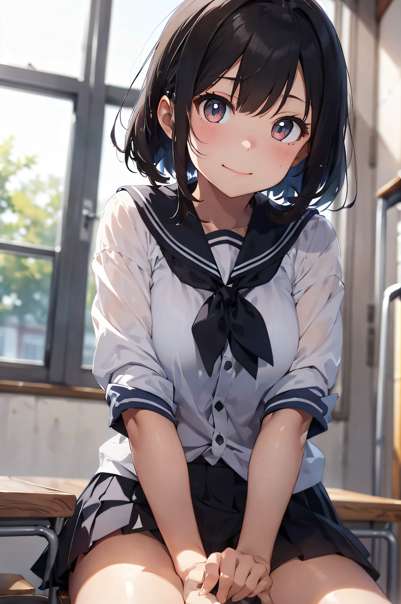 superfine illustration, very detailed beautiful face and eyes, Dynamic Angle, Good weather, blush, Show from head to knee, Short hair, however、Hair under the shoulders, school gym, School uniform, Sailor Suit