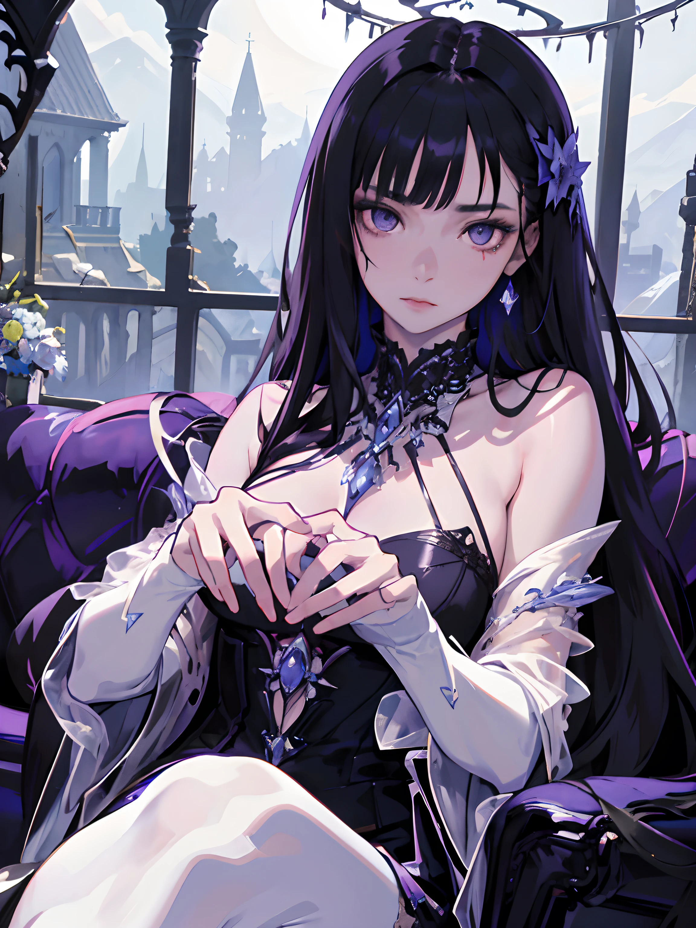 ((masterpiece, best quality)), (1girl), (solo), (female focus), (dark hair, long hair), purple eyes, arms behind back, sad eyes, cold facial expression, cold look, gothic dress, pale skin, colour grading, dark illustration, extreme quality, radiant, extremely detailed, ultra-detailed face, ultra hd 8k, ultra digitality, mythical, dark lightning, perfect face, beautiful, (perfect composition: 1. 4), detailed face and body, award-winning photography , fields, detailed face, detailed hands, looking at the viewer, cinematic lighting, embers, fantasy background, water splashes, foggy haze, (necromancer), (villain), faux traditional media, (masterpiece, best quality, ultra-detailed, best shadow), (beautiful detailed face, feminine features), (best illumination), ((cinematic light)), colorful, hyper detail, dramatic light, intricate details, (dark circle under eyes), gothic, decadence, stunning, eerie