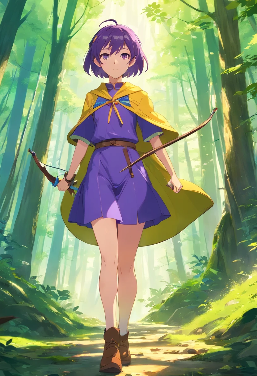 Anime style, Elf, short purple hair, yellow eyes, archer outfit, forest atmosphere