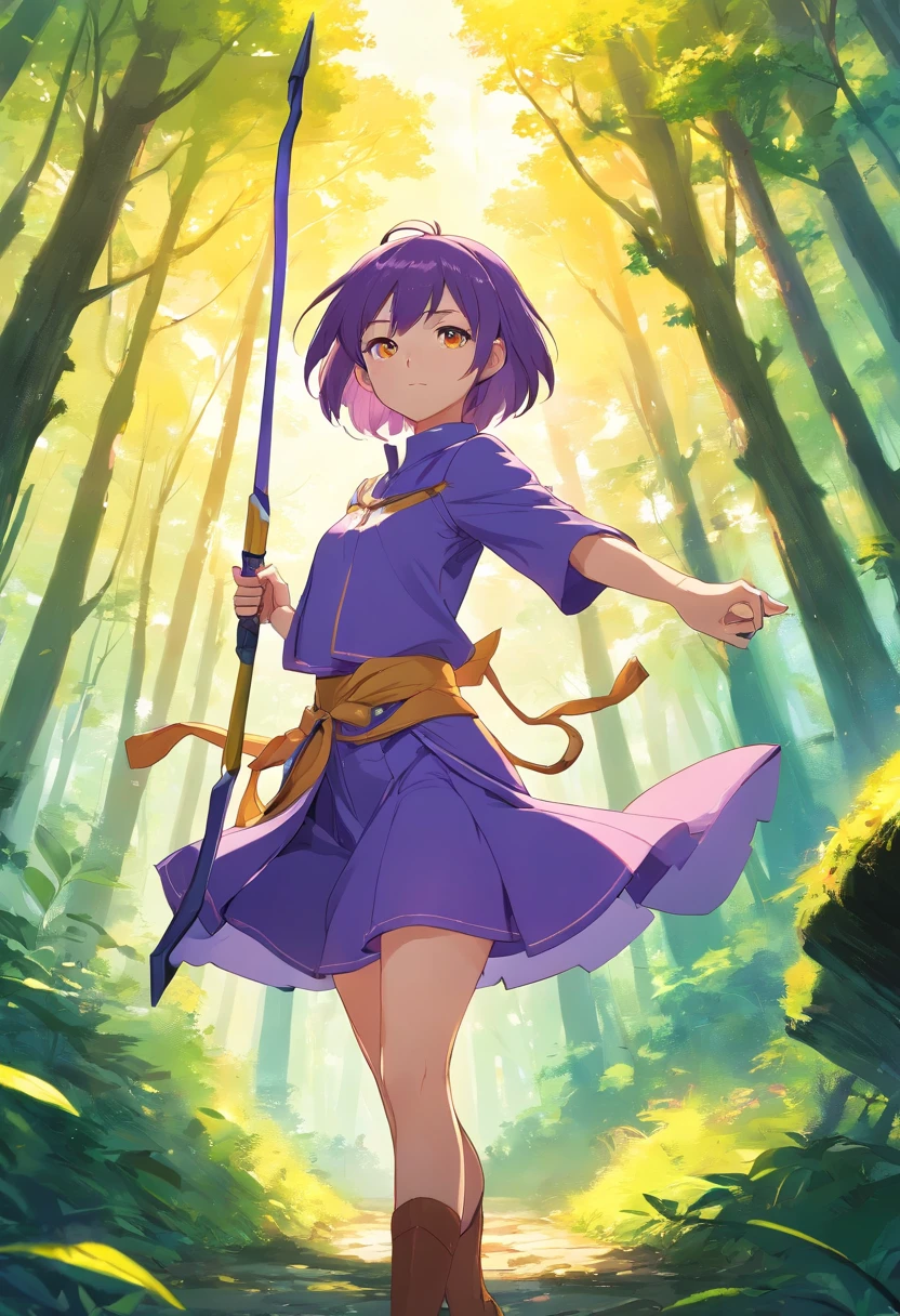 Anime style, Elf, short purple hair, yellow eyes, archer outfit, forest atmosphere