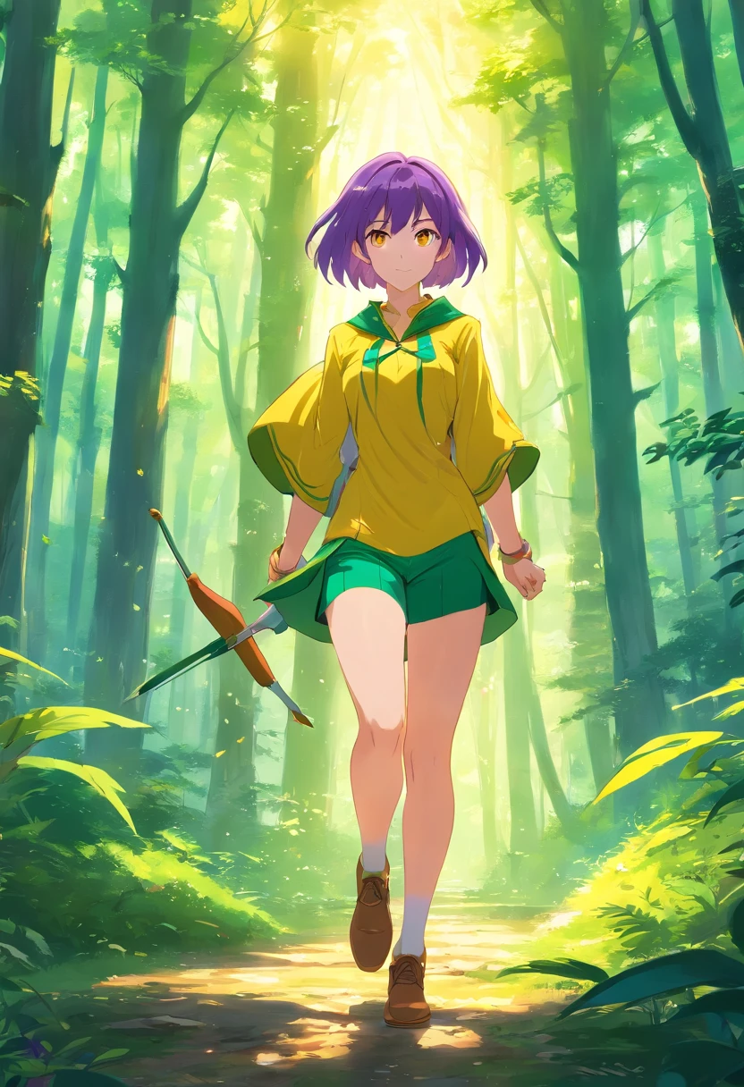 Anime style, Elf, short purple hair, yellow eyes, archer outfit, forest atmosphere