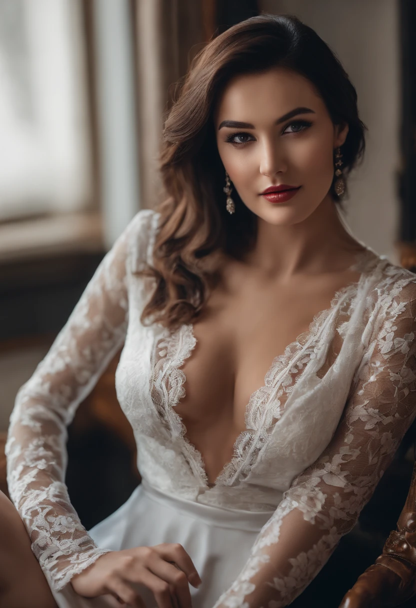 Girls VN02, Shot on a Nikon Z7 II mirrorless camera,120 mm F/4 Wide angle Best quality, Masterpiece, Ultra detailed, short red dress，Grey Stockings，High heels, rendering by octane, Beautiful detailed eyes, ultra detailed hair,The skin has a spotted spot， Graceful,Charming, A plump chest, Lace,Sexy, Seductive , Delicate short hair, Unbuttoned shirt, Breasts