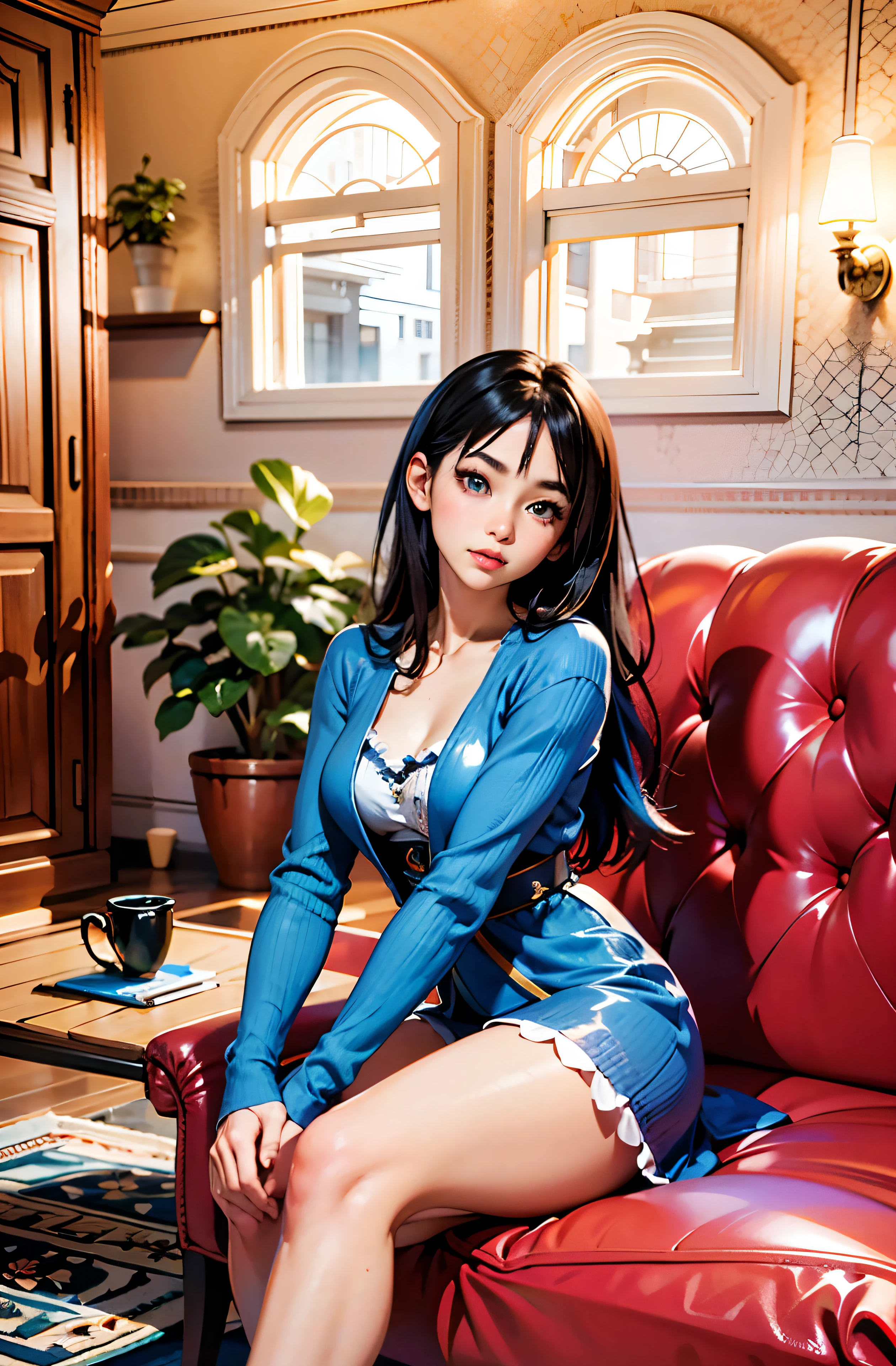 masterpiece, 1girl, medium breasts, solo, side ponytail, black hair, long hair, (black eyes:1.1), homes itting in chair, wearing dark magician girl outfit
