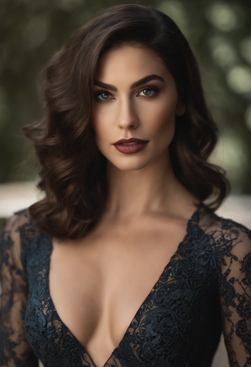 Garota, cabelos castanho escuro, foto realista, pale skinned, traje preto fantasia, traje spidergirl, beautiful face, symmetrical face, corpo sensual, Julia Carpenter, Marvel.