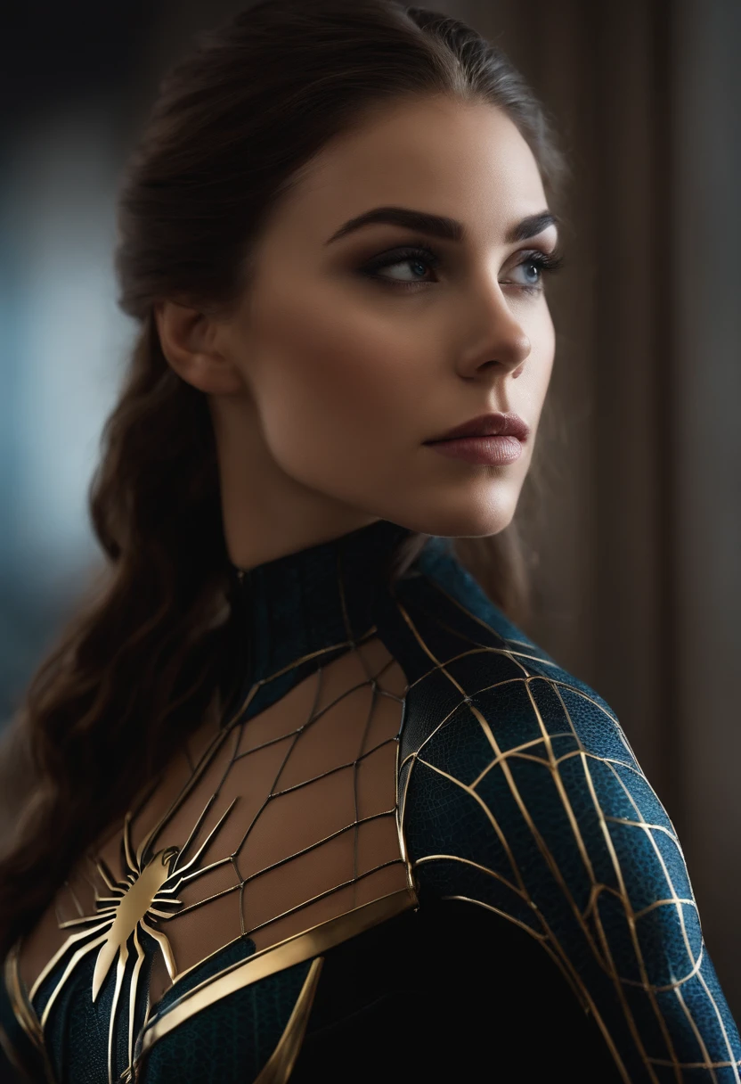 Garota, cabelos castanho escuro, foto realista, pale skinned, traje preto fantasia, traje spidergirl, beautiful face, symmetrical face, corpo sensual, Julia Carpenter, Marvel.