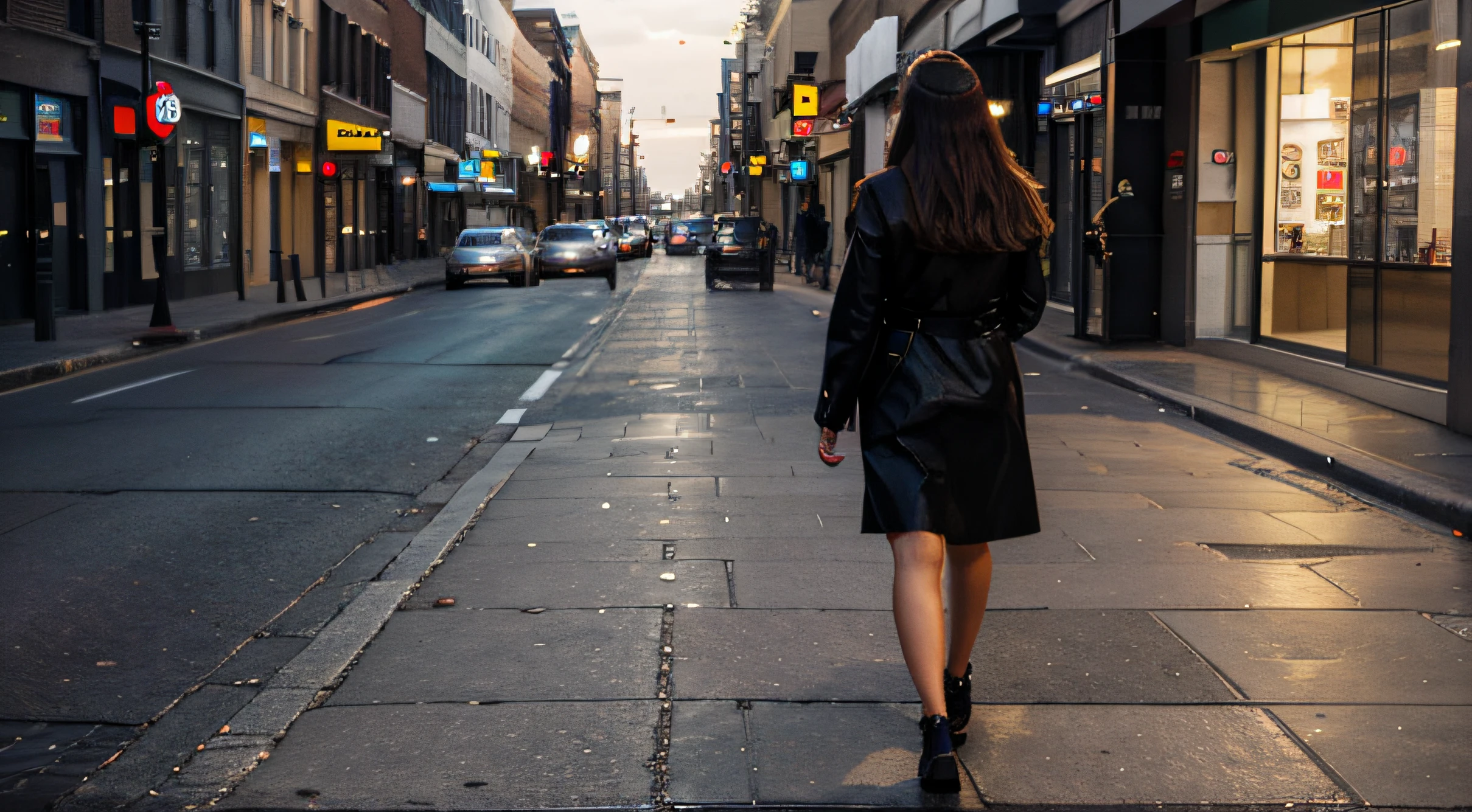 beautiful american woman walking alone in a big street's pavement with no people at night