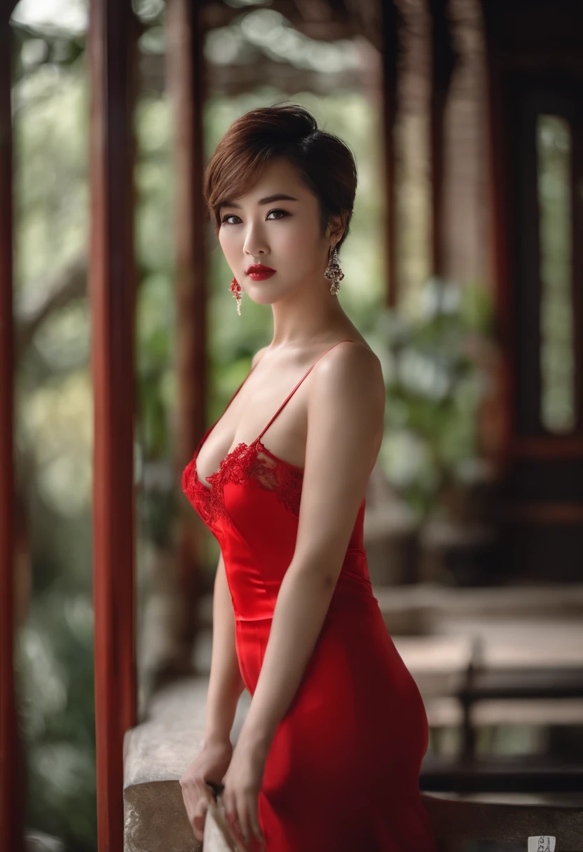 Chinese girl VN02, Shot on a Nikon Z7 II mirrorless camera,120 mm F/4 Wide angle Best quality, Masterpiece, Ultra detailed, short red dress，Grey Stockings，High heels, rendering by octane, Beautiful detailed eyes, ultra detailed hair,The skin has a spotted spot， Graceful,Charming, A plump chest, Lace,Sexy, Seductive , Delicate short hair, Unbuttoned shirt, Breasts