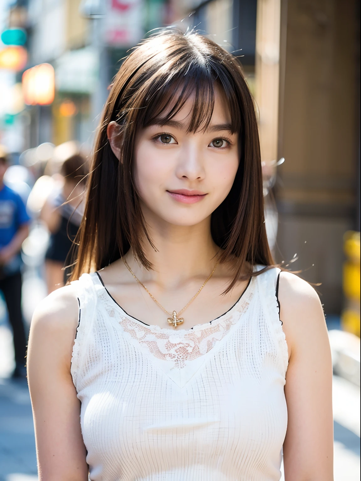 18 year old girl with perfect face and big, café, hands in cat pose, cute clothes, slim and slender physique. The skin has detailed and highly detailed eyes (1.1 emphasis), very detailed skin texture (1.1 emphasis). slender necklace, model photo style, photorealistic, skin texture is real human skin texture, detailed skin pores, complex details, eyes are very detailed, khaki sleeveless dress, in the city, smile