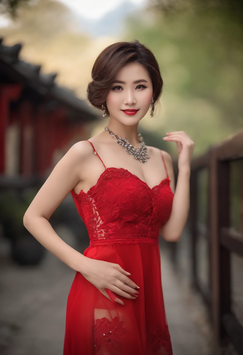 Chinese girl VN02, Shot on a Nikon Z7 II mirrorless camera,120 mm F/4 Wide angle Best quality, Masterpiece, Ultra detailed, short red dress，Grey Stockings，High heels, rendering by octane, Beautiful detailed eyes, ultra detailed hair,The skin has a spotted spot， Graceful,Charming, A plump chest, Transparent lace,Sexy, Seductive , Delicate short hair, Unbuttoned shirt, Breasts