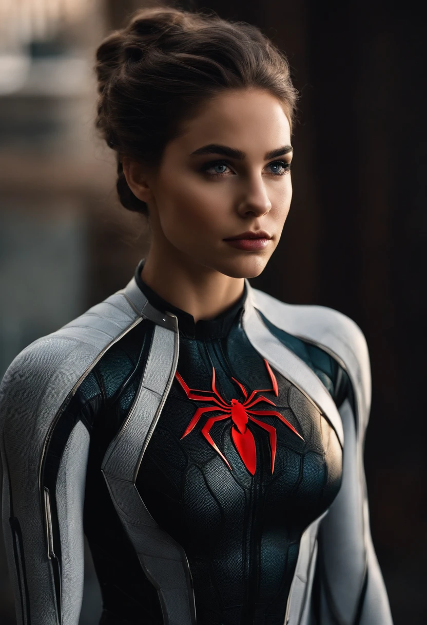 Rapariga, 18 anos, cabelos castanho escuro, foto realista, pale skinned, traje preto fantasia, traje spidergirl, beautiful face, symmetrical face, corpo sensual, Julia Carpenter, Marvel.