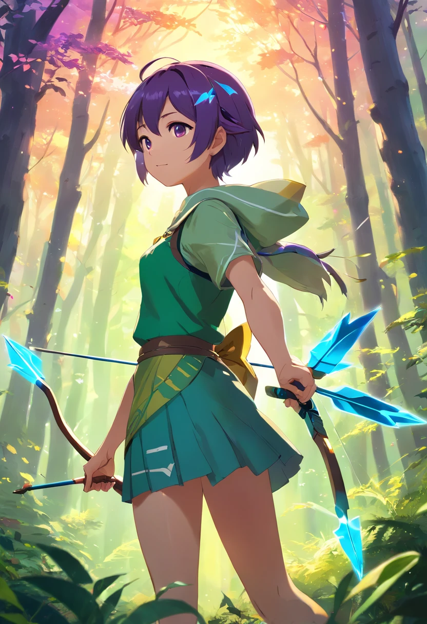 (best quality,4k,8k,highres,masterpiece:1.2), (ultra-detailed, realistic:1.37), (anime:1.1), (portrait), Elf with short purple hair, yellow eyes, wearing archer outfit, standing in a lush forest, surrounded by tall trees and glowing mushrooms. The character has delicate features, expressive eyes, and a mischievous smile. The forest is filled with vibrant colors, with sunlight filtering through the leaves, casting dappled shadows on the ground. The atmosphere is calm and peaceful, with a hint of magic in the air. The character's pose depicts confidence and readiness, holding a bow with an arrow notched, ready to embark on an epic adventure.