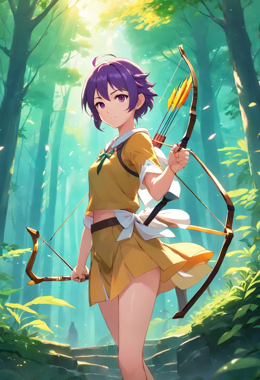 (best quality,4k,8k,highres,masterpiece:1.2), (ultra-detailed, realistic:1.37), (anime:1.1), (portrait), Elf with short purple hair, yellow eyes, wearing archer outfit, standing in a lush forest, surrounded by tall trees and glowing mushrooms. The character has delicate features, expressive eyes, and a mischievous smile. The forest is filled with vibrant colors, with sunlight filtering through the leaves, casting dappled shadows on the ground. The atmosphere is calm and peaceful, with a hint of magic in the air. The character's pose depicts confidence and readiness, holding a bow with an arrow notched, ready to embark on an epic adventure.