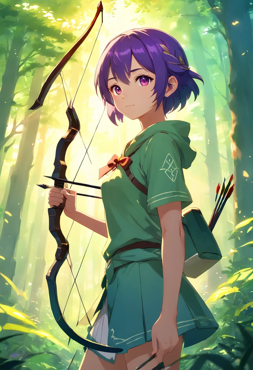 (best quality,4k,8k,highres,masterpiece:1.2), (ultra-detailed, realistic:1.37), (anime:1.1), (portrait), Elf with short purple hair, yellow eyes, wearing archer outfit, standing in a lush forest, surrounded by tall trees and glowing mushrooms. The character has delicate features, expressive eyes, and a mischievous smile. The forest is filled with vibrant colors, with sunlight filtering through the leaves, casting dappled shadows on the ground. The atmosphere is calm and peaceful, with a hint of magic in the air. The character's pose depicts confidence and readiness, holding a bow with an arrow notched, ready to embark on an epic adventure.