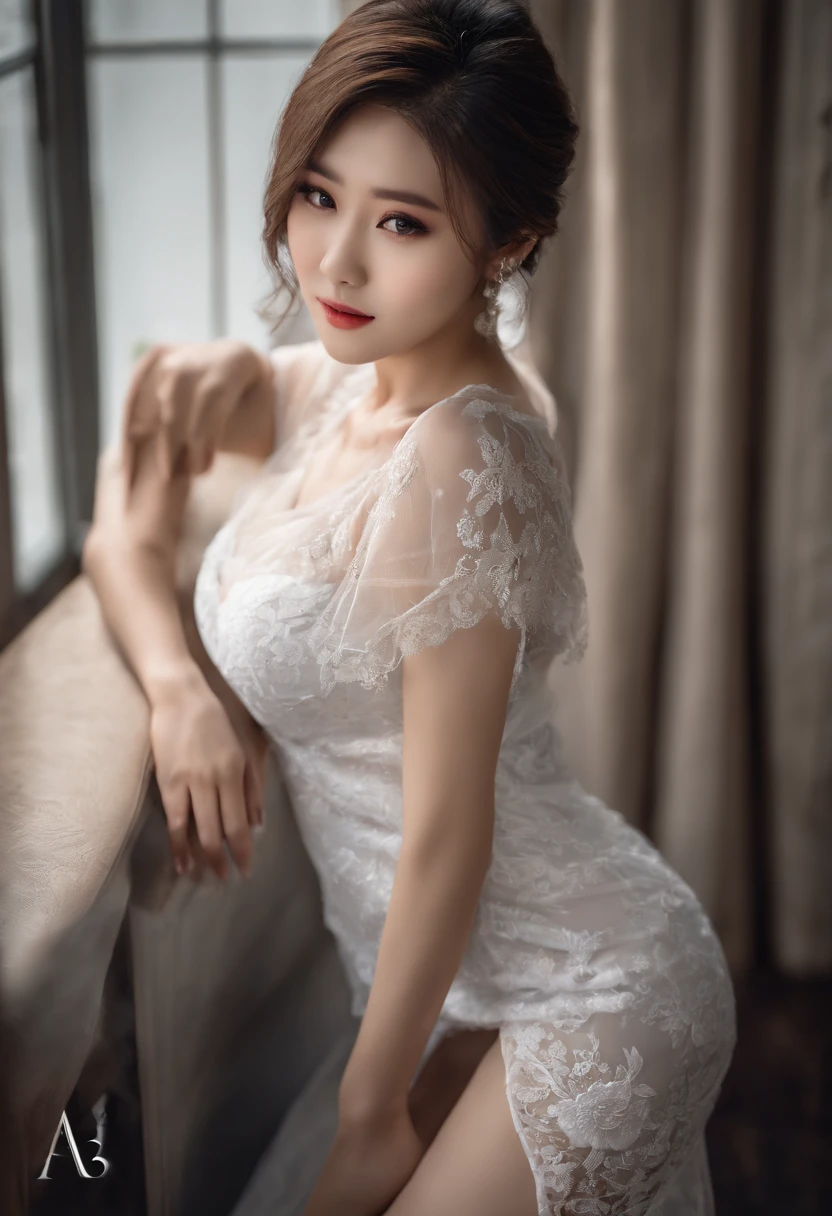 ((top-quality、8k、​masterpiece: 1.3))、sharp: 1.2、Perfect body beauty: 1.4、Slender abs: 1.2、((Layered Hair Style、huge tit: 1.2))、(Bandeu dress white: 1.1 )、Street: 1.2、Highly detailed face and skin textures、A detailed eye、二重まぶた、Thin dress、Hands behind、crouching down、Slightly exposed panties、Exposed cleavage。