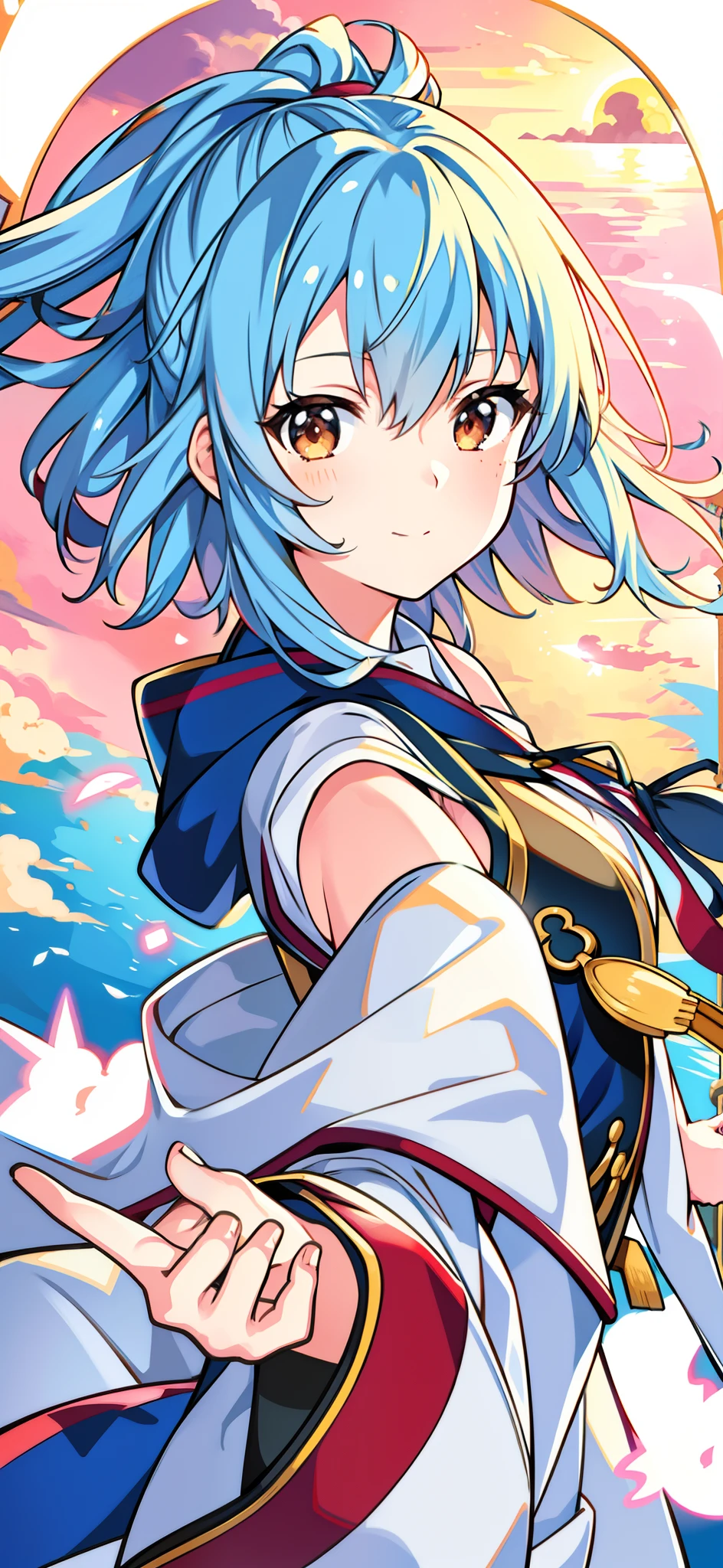 masutepiece, Best Quality, Movie Still, 1girl in, Cloud Girl, Floating in the sky, close-up, Bright, Happy, Warm and soft lighting, Sunset, (sparks:0.7)