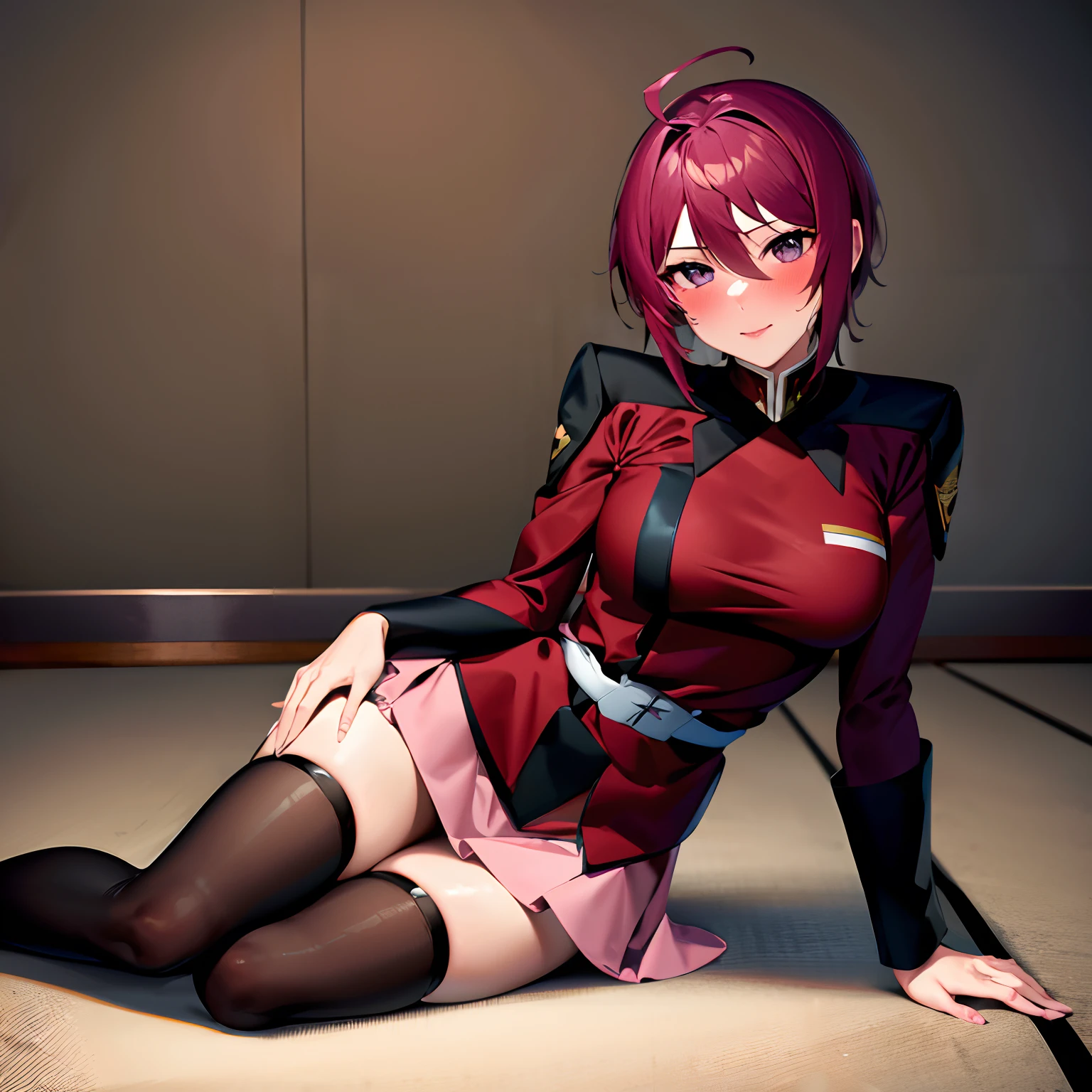 masterpiece, best quality, highres, 1girl, solo, pink skirt, military uniform, short hair, ahoge, black thighhighs, red hair, purple eyes, purple hair, long sleeves, blush, sexy pose, sitting on the floor, seductive pose, museum, full shot