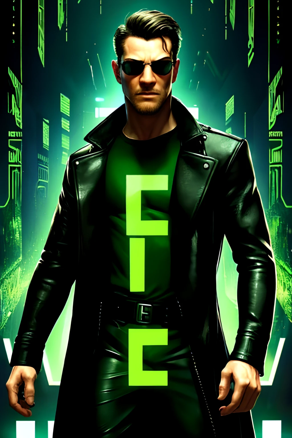 daanielkuhn, Generate a half-body portrait of a man wearing sunglasses, dressed in a leather trench coat reminiscent of 'The Matrix' characters, against a backdrop of cascading fluorescent green letters, in the style of the film. Pay meticulous attention to (((intricate details))) such as the sunglasses, coat, and the texture of the cascading letters. Aim for ((extreme detail quality)) to capture the essence of 'The Matrix' aesthetics. Craft a ((complex composition)) that conveys the iconic cyberpunk atmosphere of the film.