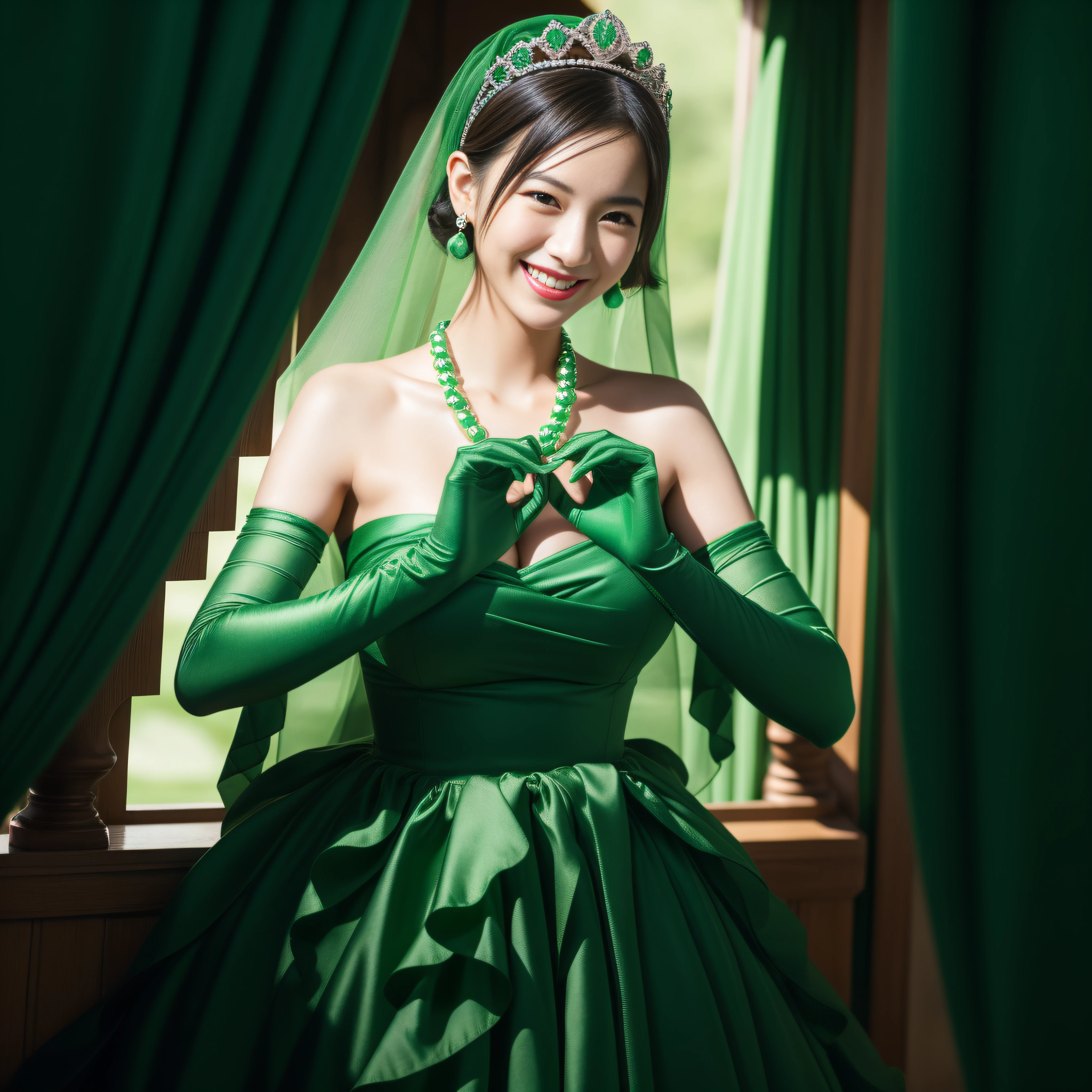 (best quality, vivid colors, realistic), a Japanese woman with a cheerful smile, her eyes are green and beautifully detailed, she has short boyish green hair, wears a radiant emerald tiara and a green pearl necklace. She has plump breasts and is wearing a tight-fitting green satin dress that accentuates her curves. She has glossy lips adorned with lipstick, and her short hair is styled neatly. She is holding a heart shape with both hands, conveying a loving and joyful gesture. The scene is illuminated with soft and warm lighting.