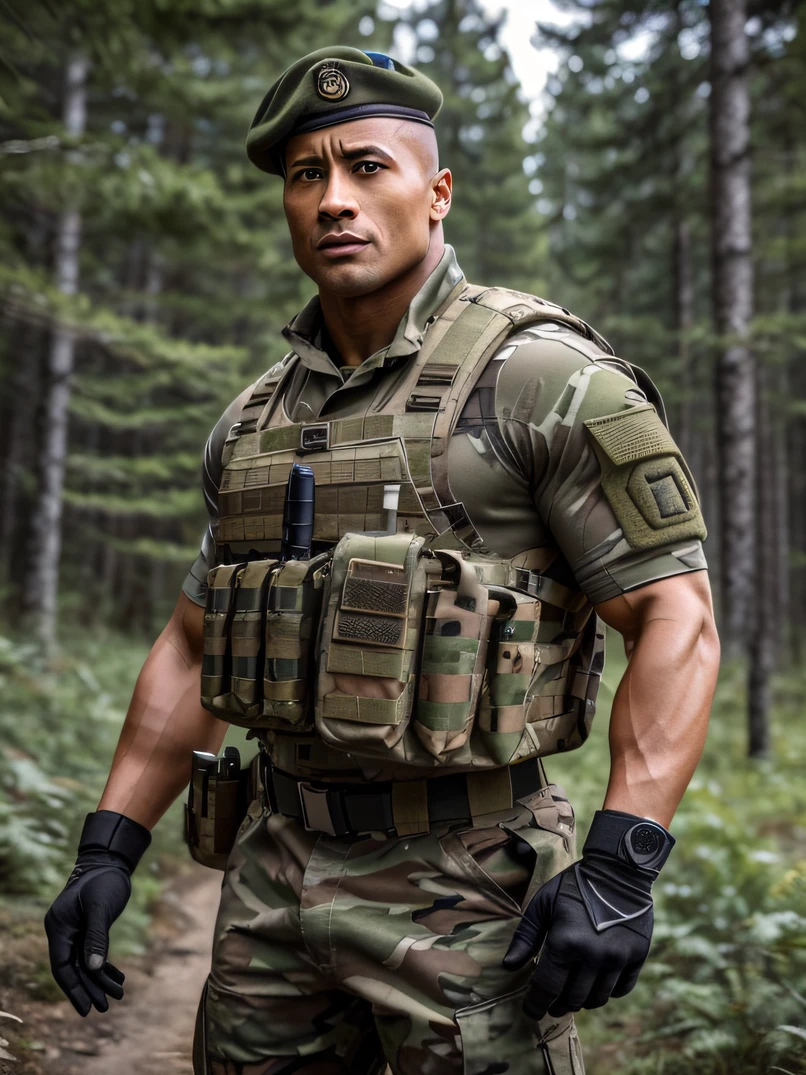 （​masterpiece、ultra fine photos、top-quality、超A high resolution、Photorealsitic、3/5 shots）、High Detail Skin、foco nítido、Male soldiers、Strong physique、delicated face、Dwayne Johnson、skin head、 Military uniform、Military Beret、Tactical Vest、Camouflage long trousers、Military undershirt、Combat gloves、rucksack、Dual Glass、in woods、White smoke、Detailed hand depiction、Dynamic action