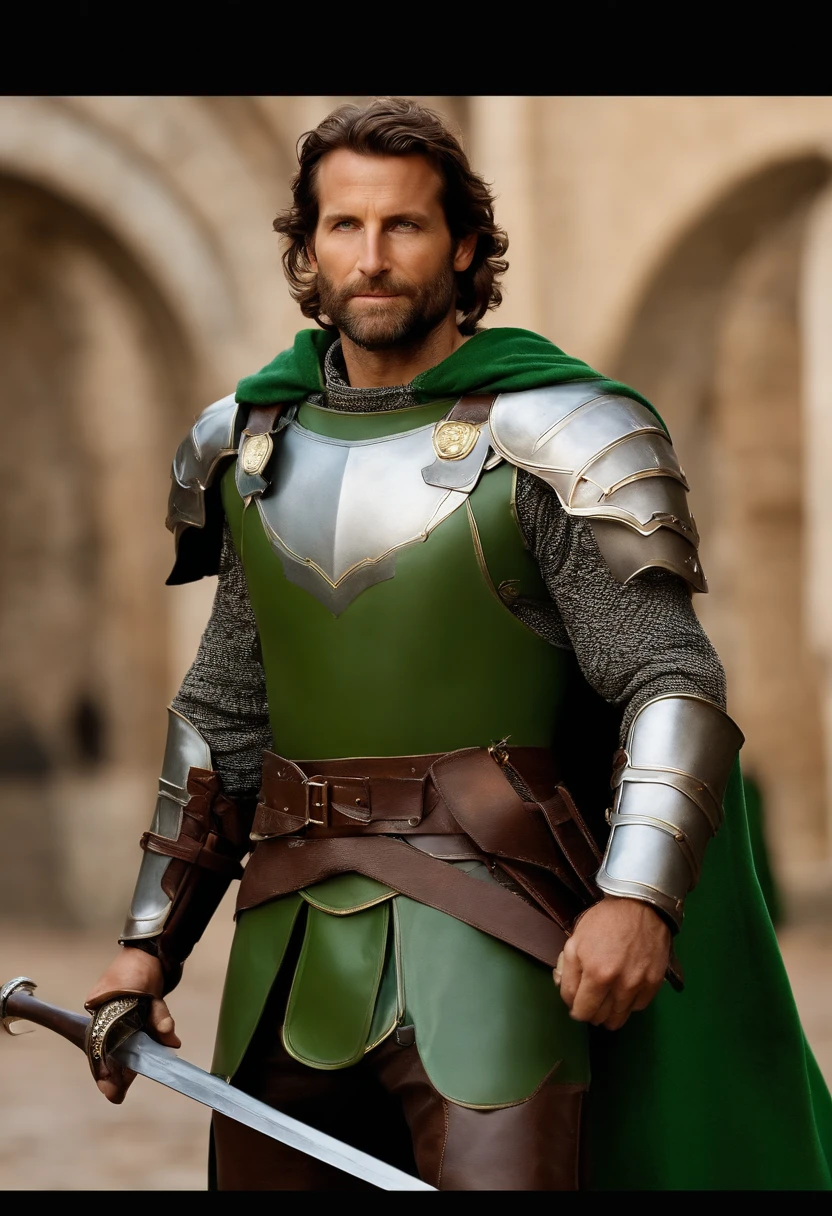 ator Bradley Cooper, with a beard and crisp green eyes, Strong athletic body, foto de corpo inteiro, sozinho, ((homem Elfo de 36 anos)), (((olhos verdes detalhados ultra realistas))), detalhes intrincados de um homem com olhos verdes, sorrir, wearing a silver medieval steel armor, hero pose, as a paladin of the Dungeon and Dragons RPG Oath of Heroism, Former mercenary of the Yellow Hawk Group, ultra textura de pele, ((detalhes do rosto, Armor and tunic and yellow cape)), skin imperfections, detalhes intrincados, (standingn ), medium and messy hair, nevoeiro, volumeric lighting , ((faixas de luz no rosto)), cabelo bronze, sombras escuras, visualmente interessante, Ultra realismo.