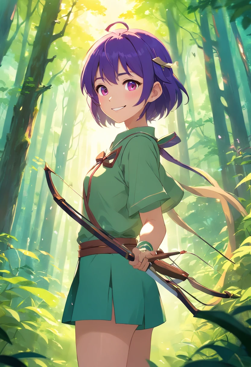 (best quality, 4k, 8k, high resolution, masterpiece: 1.2), (ultra-detailed, realistic: 1.37), (anime: 1.1), (portrait), Elf with short purple hair and pointy ears, yellow eyes, wearing outfit of archer, standing in a lush forest, surrounded by tall trees and glowing mushrooms. The character has delicate features, expressive eyes and a mischievous smile. The forest is full of vibrant colors, with sunlight filtering through the leaves, casting dappled shadows on the ground. The atmosphere is calm and peaceful, with a touch of magic in the air. The character's pose portrays confidence and readiness, holding a bow with notched arrow, ready to embark on an epic adventure.