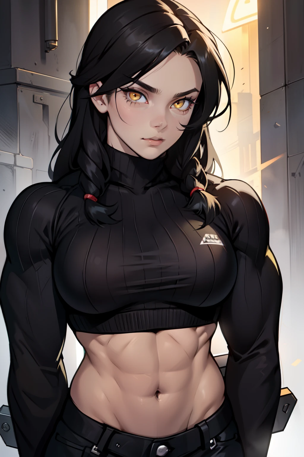 ((1girl bodybuilder)) pale skin black hair very long hair yellow eyes large breasts long sweater midriff close up highly detailed eyes seductive expression