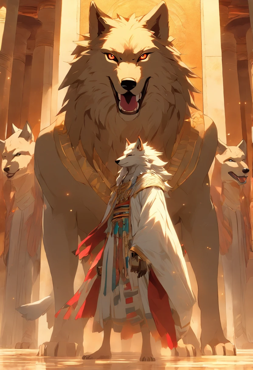 (((Man with Wolf Head))) best quality, very high resolution, 4K detailed CG, masterpiece, Egyptian mythology,Wepwawet,Wolf God,Egyptian tomb, Ancient Egypt, standing pose, white clothes, Egyptian clothes , Egyptian temple, desert, Ancient Egypt , ((wolf head, man's body)), Egyptian palace, aesthetics, beautiful image, centered on screen, standing pose