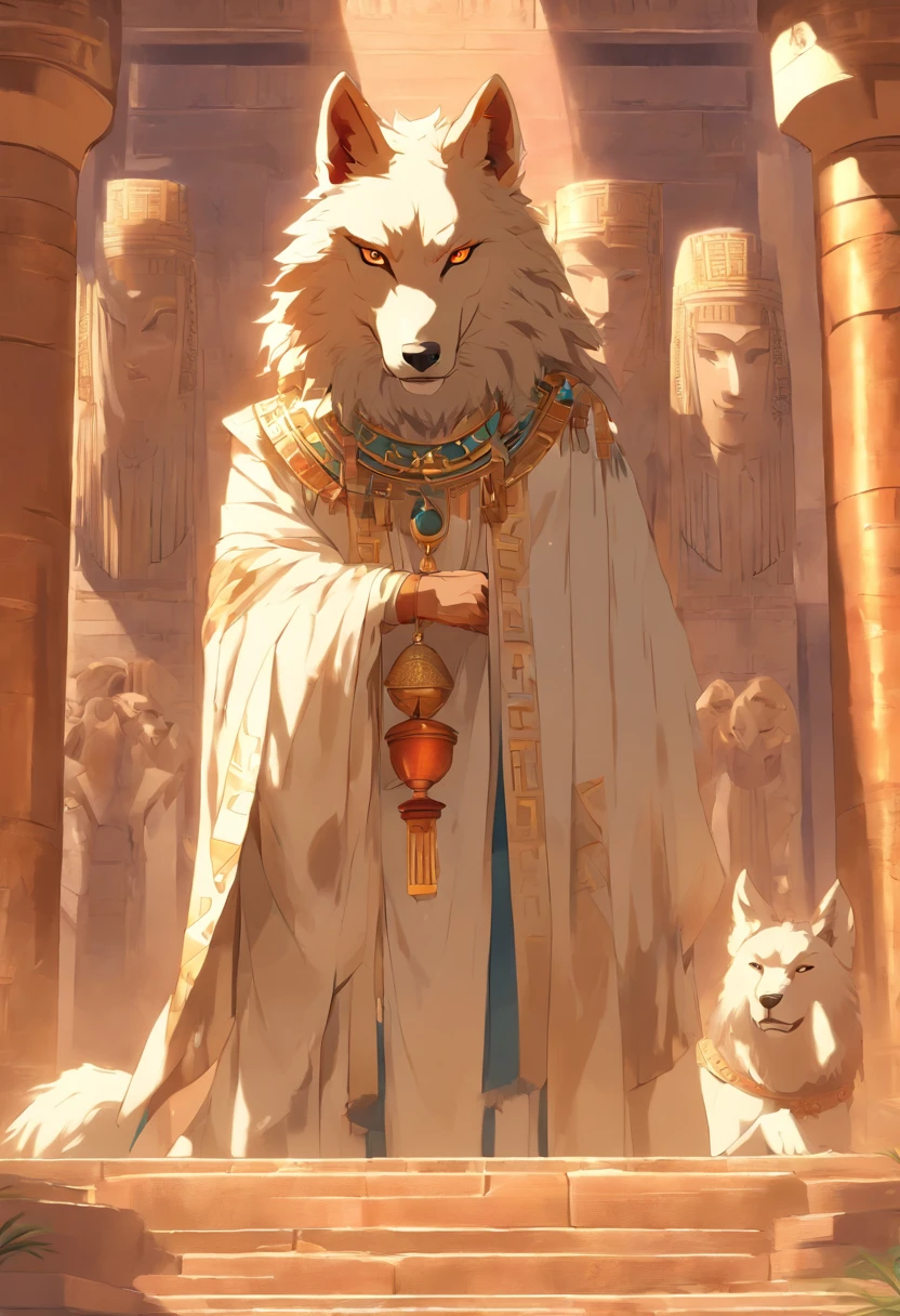 (((Man with Wolf Head))) best quality, very high resolution, 4K detailed CG, masterpiece, Egyptian mythology,Wepwawet,Wolf God,Egyptian tomb, Ancient Egypt, standing pose, white clothes, Egyptian clothes , Egyptian temple, desert, Ancient Egypt , ((wolf head, man's body)), Egyptian palace, aesthetics, beautiful image, centered on screen, standing pose
