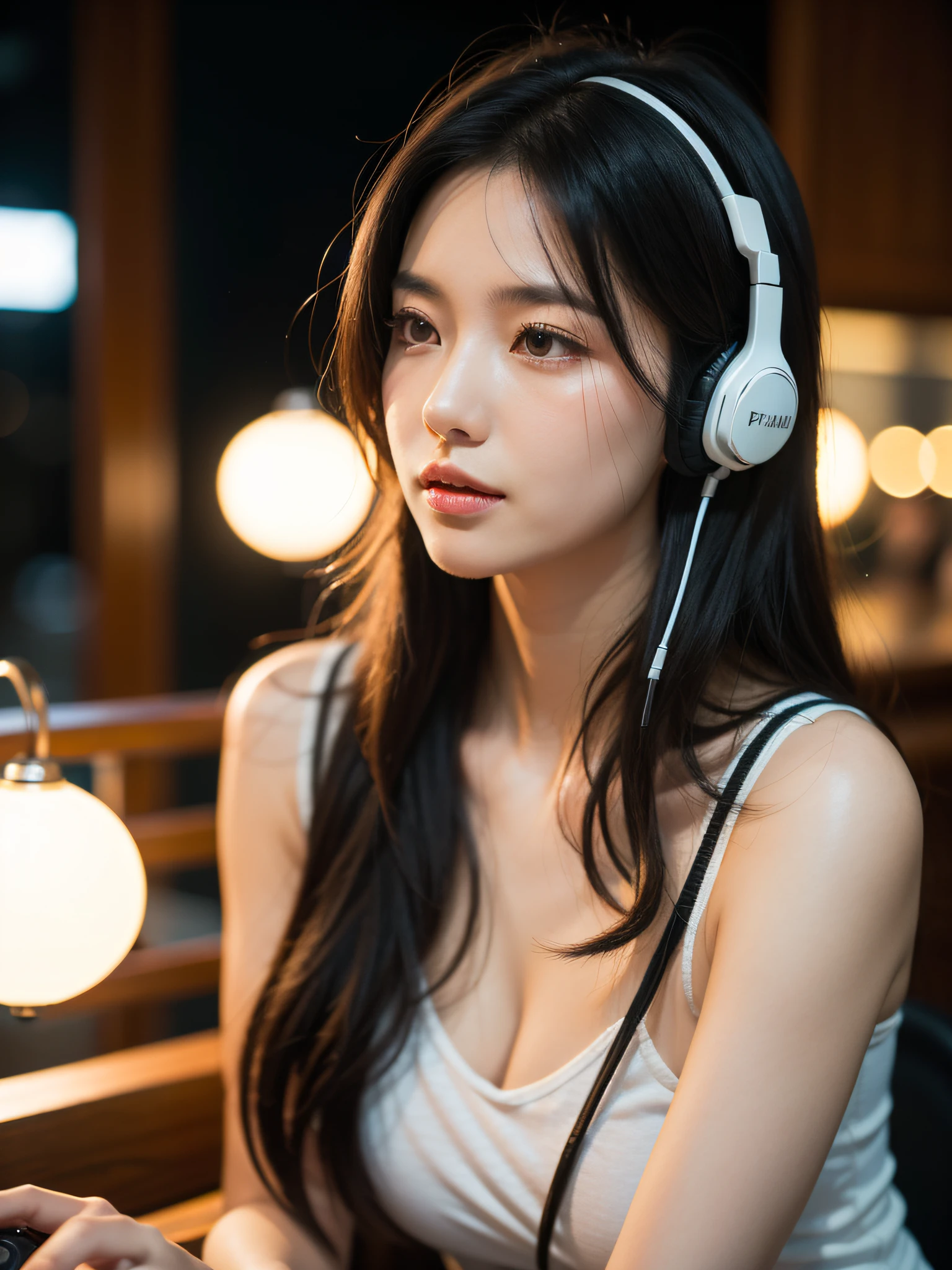 RAW photo,mature woman, 30 years old, blode hair, very long hair, headset, party night, neon, dslr, soft lighting, high quality, film grain, Fujifilm XT