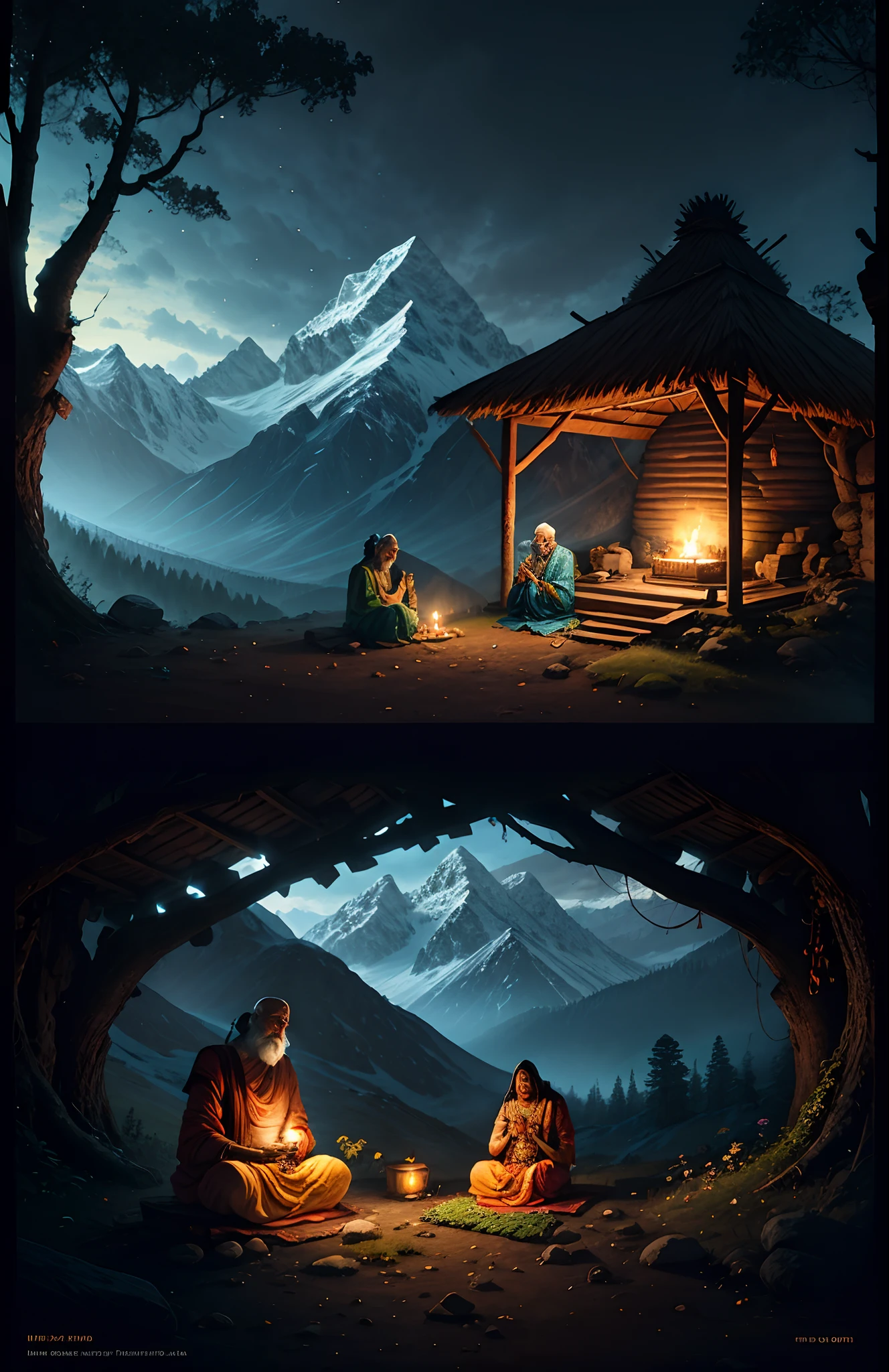 Ancient Hindu sage with his beautiful wife, praying in the woods, near a hut and mountain, realistic, 4k