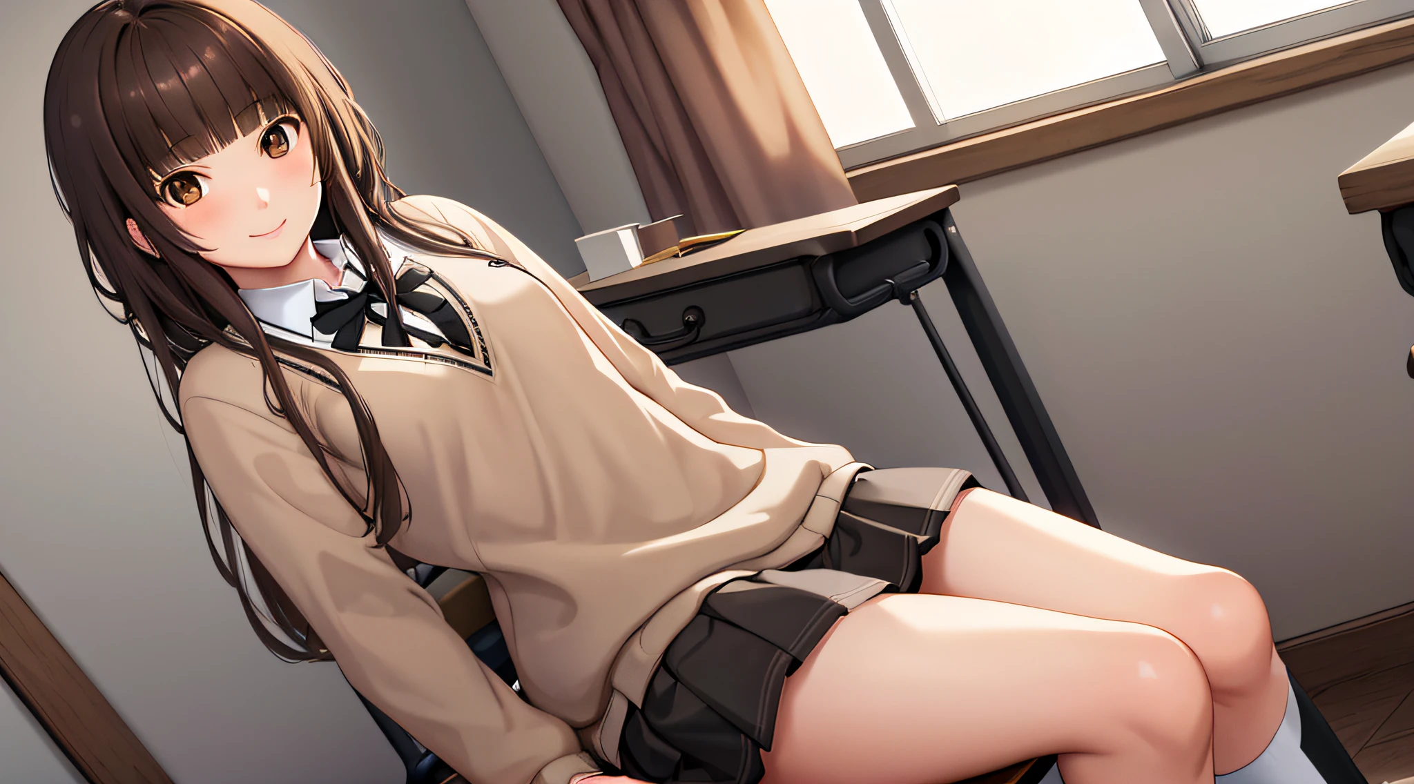 masterpiece, best quality, highres, kr1, brown eyes, blunt bangs, kibito high school uniform, skirt, sweater, pleated skirt, socks, small breasts, smile, classroom, sitting, chair, desk,