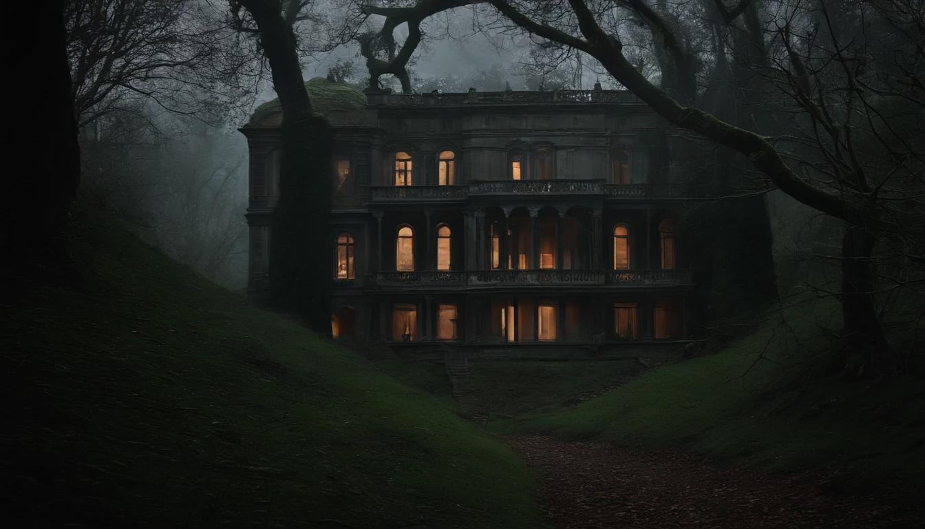 "Descreva uma imagem de uma casa abandonada no meio de uma floresta densa e escura, Under the pale light of the moon. The house is covered in cobwebs, suas janelas quebradas deixam o vento uivando passar. As you move closer, You hear mysterious creaks, como se a casa guardasse segredos sinistros do passado. A thick darkness envelops the building, Making see what lurks behind your doors and windows. Feel a chilling sensation as you explore this home, How difficult is something supernatural to observe."