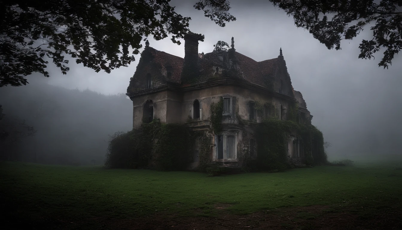 "Descreva uma imagem de uma casa abandonada no meio de uma floresta densa e escura, Under the pale light of the moon. The house is covered in cobwebs, suas janelas quebradas deixam o vento uivando passar. As you move closer, You hear mysterious creaks, como se a casa guardasse segredos sinistros do passado. A thick darkness envelops the building, Making see what lurks behind your doors and windows. Feel a chilling sensation as you explore this home, How difficult is something supernatural to observe."
