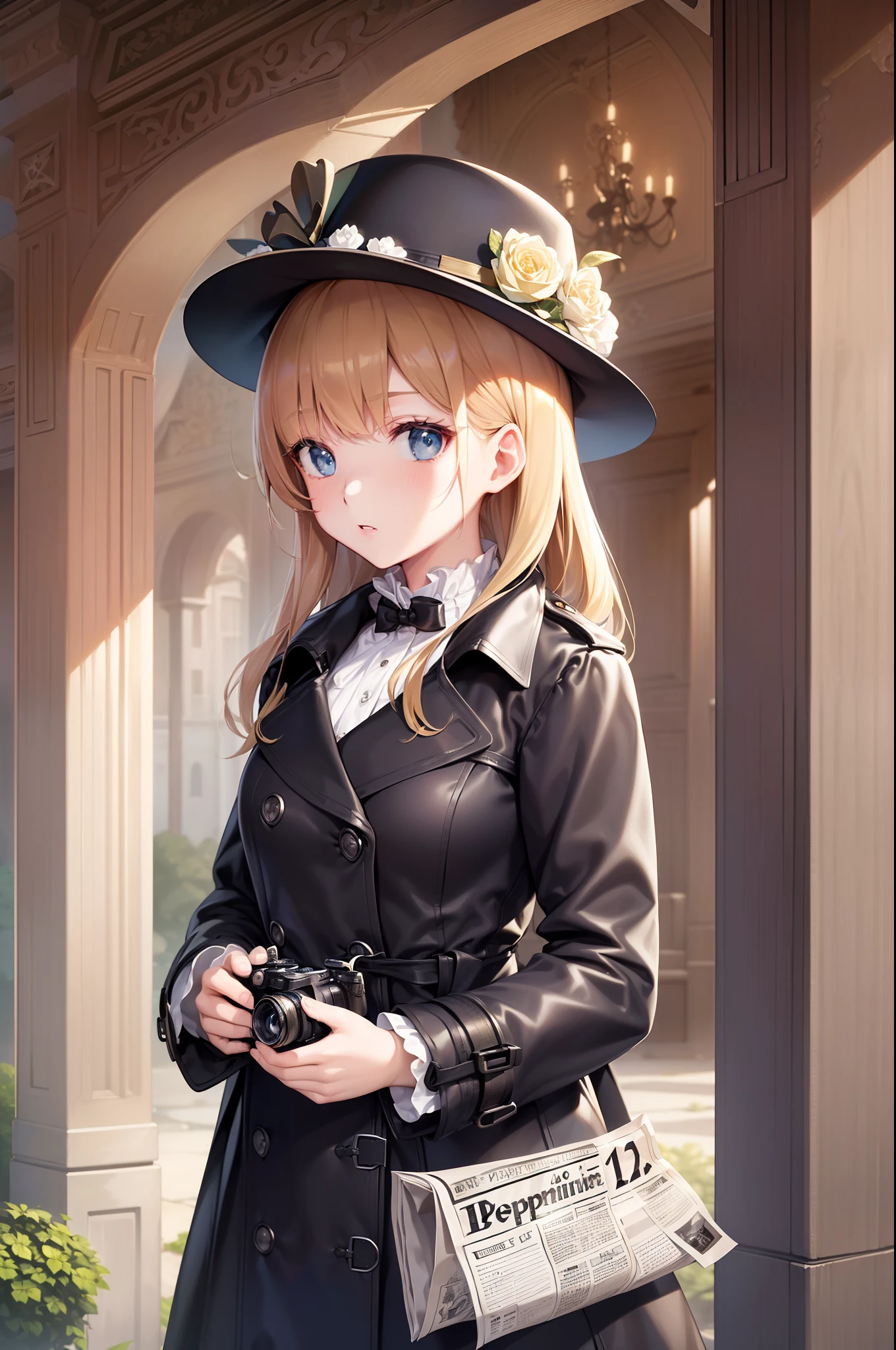 ((Finest quality)),(超A high resolution),(ultra-detailliert),((Best Anime)),sharpnes,clear,The Art of Phenomenal Depictions,Victorian townscape:1.6, (1 adult female),(newspaperman,trench coat:1.2,SLR camera:1.4)