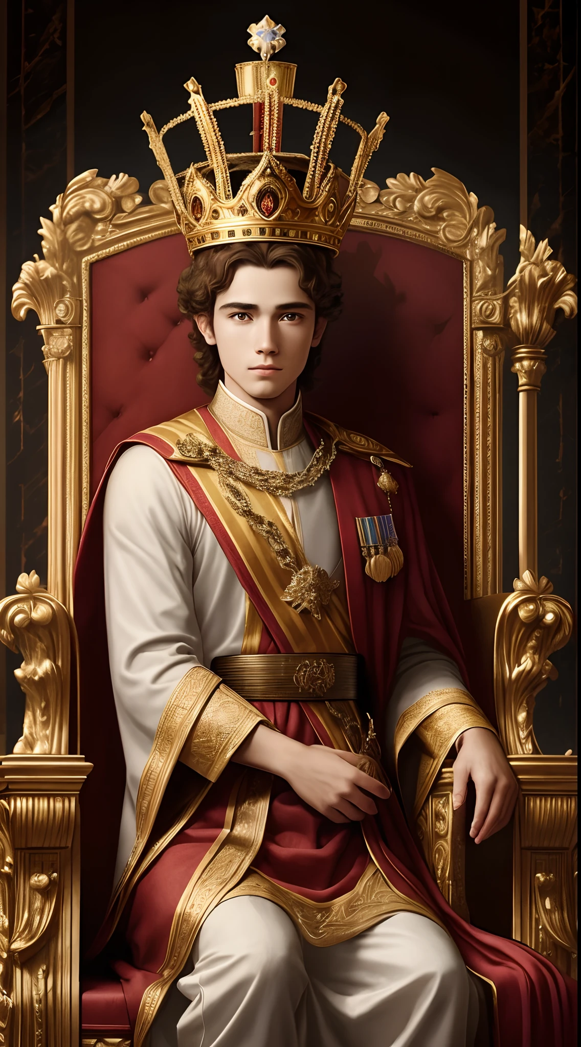A young king of twenty-five years with a crown on his head sitting on the throne, masterpiece, high realistic image, high resolution,8k