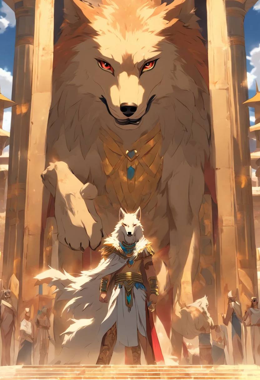 (((Man with Wolf Head))) best quality, very high resolution, 4K detailed CG, masterpiece, Egyptian mythology,Wepwawet,Wolf God,Egyptian tomb, Ancient Egypt, standing pose, white clothes, Egyptian clothes , Egyptian temple, desert, Ancient Egypt , ((wolf head, man's body)), Egyptian palace, aesthetics, beautiful image, centered on screen, standing pose