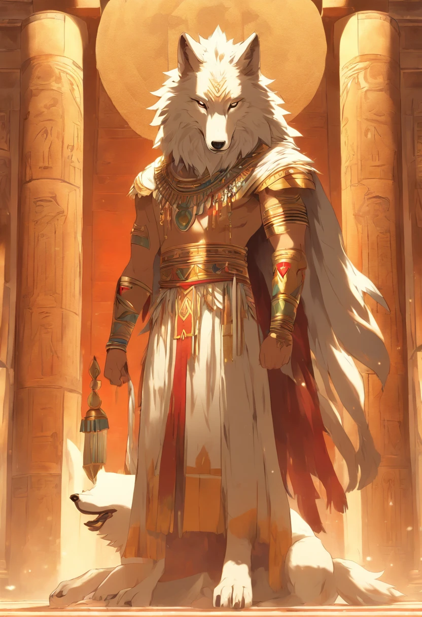 (((Man with Wolf Head))) best quality, very high resolution, 4K detailed CG, masterpiece, Egyptian mythology,Wepwawet,Wolf God,Egyptian tomb, Ancient Egypt, standing pose, white clothes, Egyptian clothes , Egyptian temple, desert, Ancient Egypt , ((wolf head, man's body)), Egyptian palace, aesthetics, beautiful image, centered on screen, standing pose