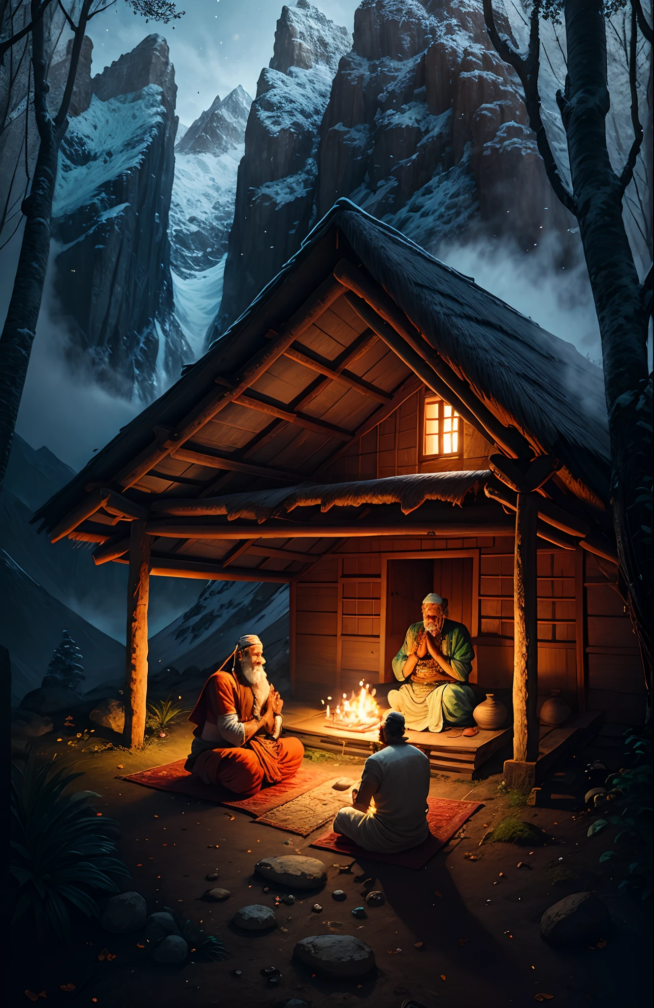 Ancient Hindu sage with his beautiful wife, praying in the woods, near a hut and mountain, realistic, 4k