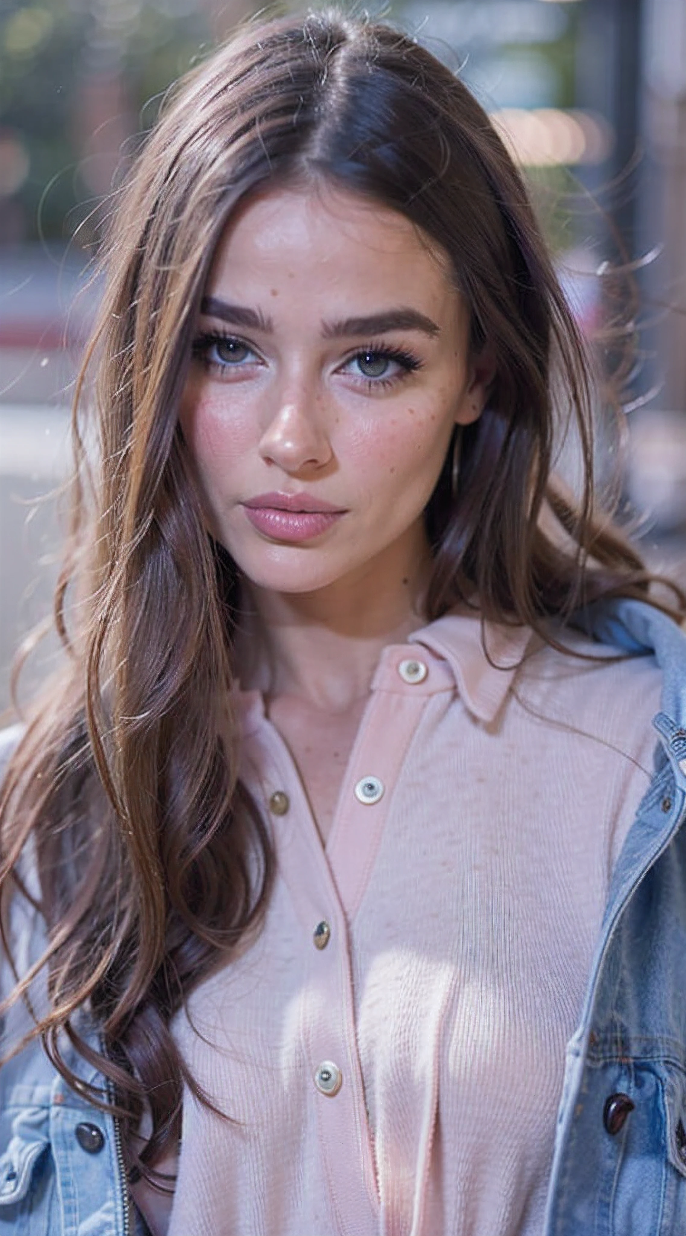 Un primer plano de una mujer con el pelo largo que lleva una chaqueta vaquera, dilraba dilmurat, Ilya Kuvshinov con cabello largo, natural soft pale skin, Anna Nikolanova alias Newmilky, Hermosa joven, Retrato de alta calidad, Suave, impecable, Pale skin, Hermosa modelo de chica, pale fair skin!!, Girl with brown hair, with pale skin