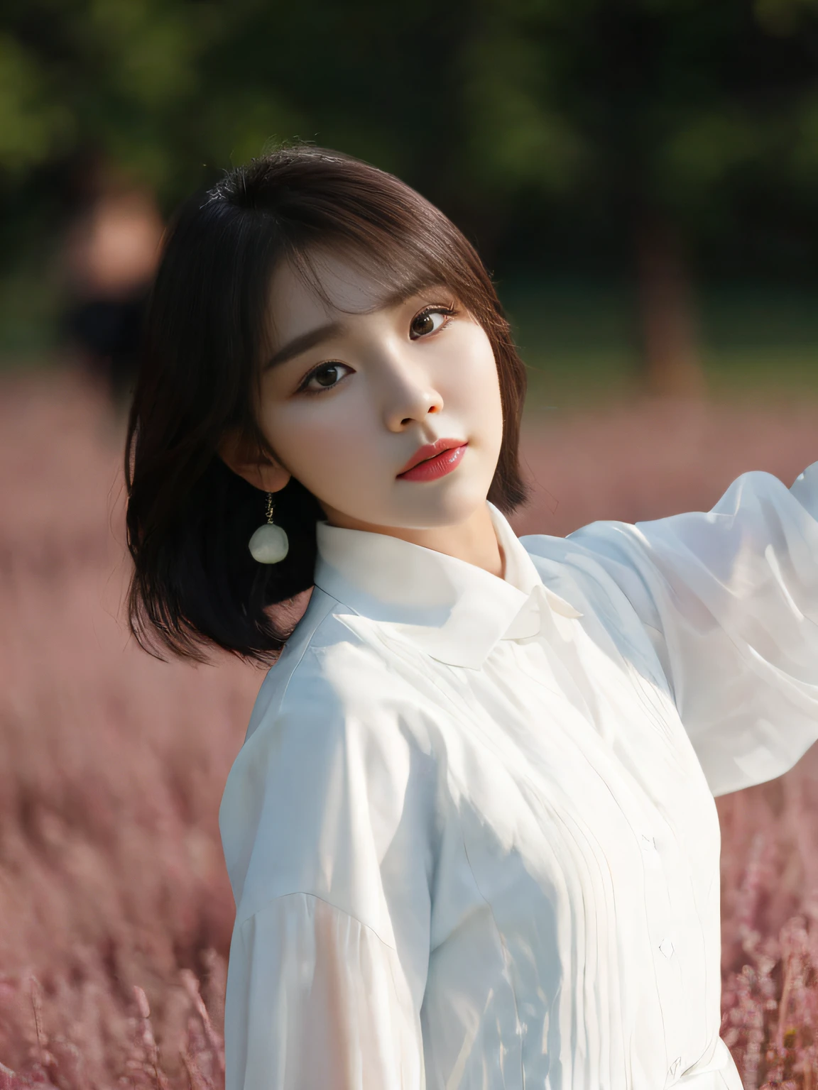 There was a woman standing on the grass, Choi Hyun-hwa, Lee Ji-eun, lee ji eun, shin min jeong, seseon yoon, portrait of female korean idol, sangsoo jeong, sun yunjoo, Kim Tae-joon, park jimin, jaeyeon nam, with short hair, korean artist,output, retinas, tmasterpiece, textureskin, super detailing, high detal, high qulity, best qualtiy, A high resolution, hyper HD, 16k, hyper HD, retinas, Masterpiece, Textured skin, Super detail, High details, High quality, Best quality, A high resolution, 16k,Realisticstyle